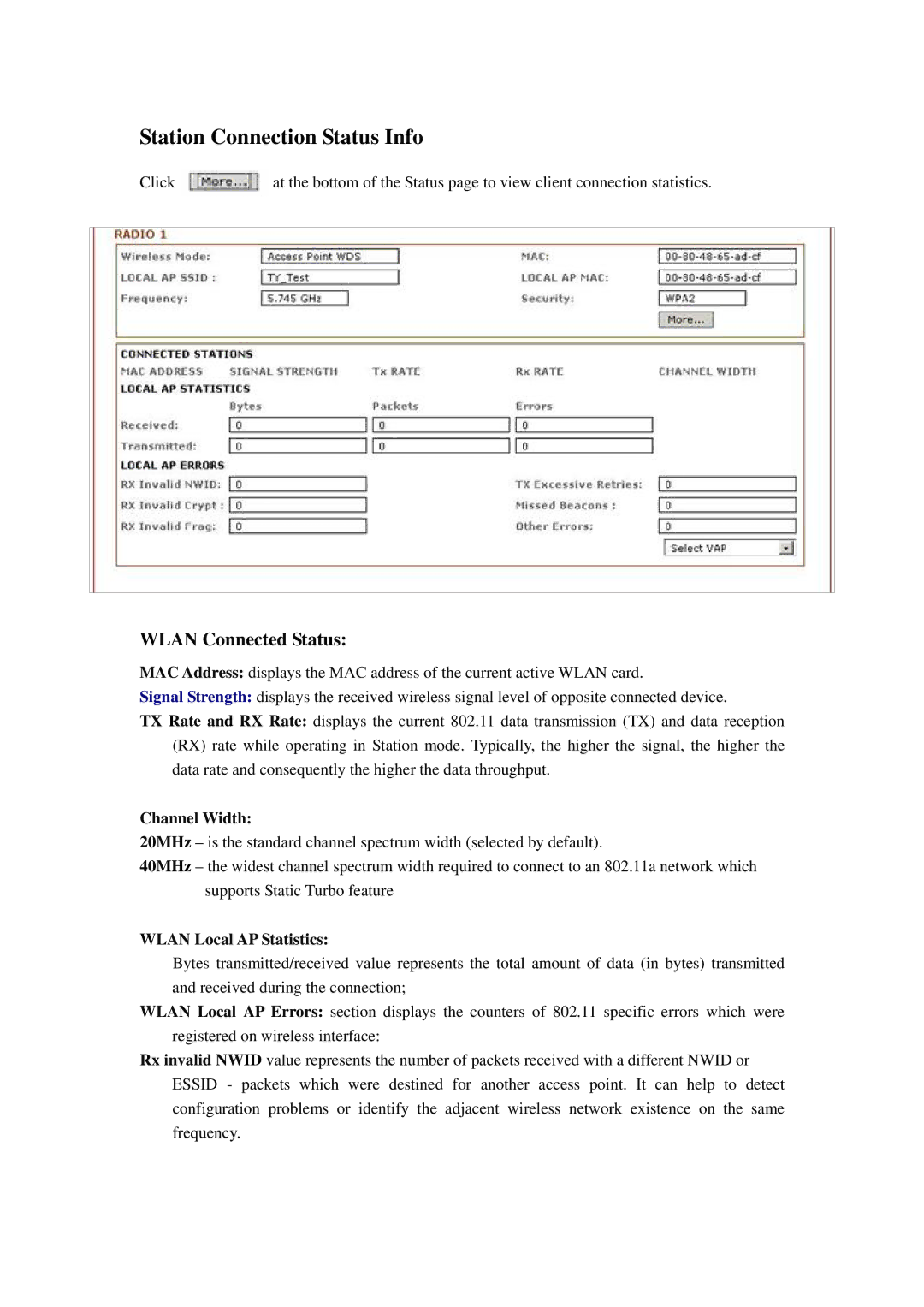 Compex Systems 802.11N Station Connection Status Info, Wlan Connected Status, Channel Width, Wlan Local AP Statistics 