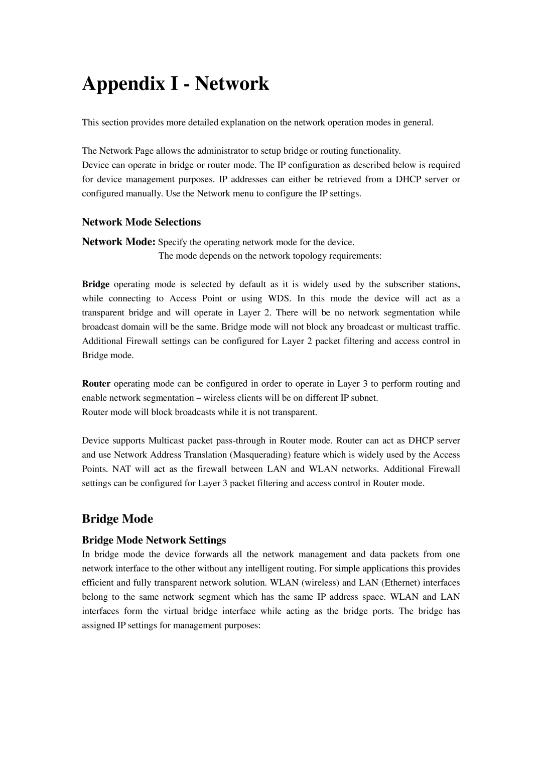 Compex Systems 802.11N manual Appendix I Network, Network Mode Selections, Bridge Mode Network Settings 