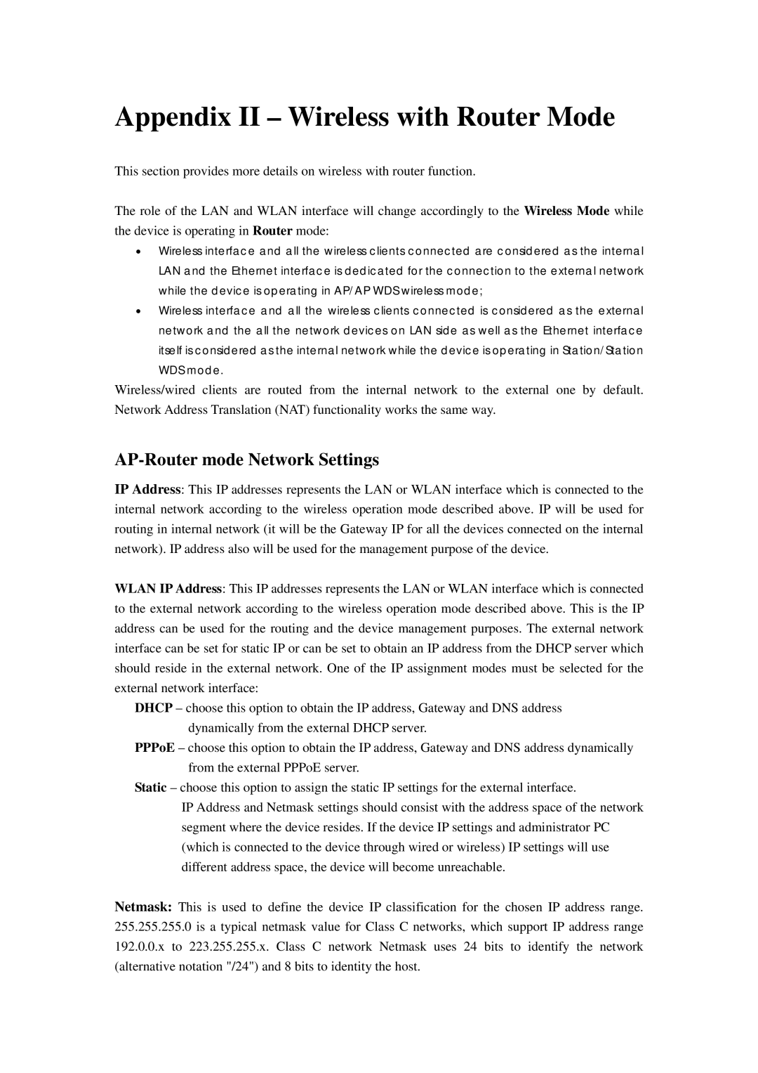 Compex Systems 802.11N manual Appendix II Wireless with Router Mode, AP-Router mode Network Settings 