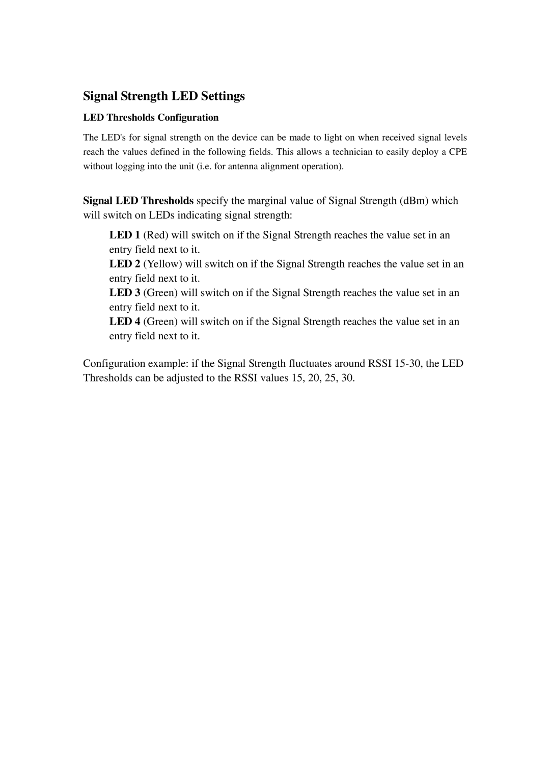 Compex Systems 802.11N manual Signal Strength LED Settings, LED Thresholds Configuration 