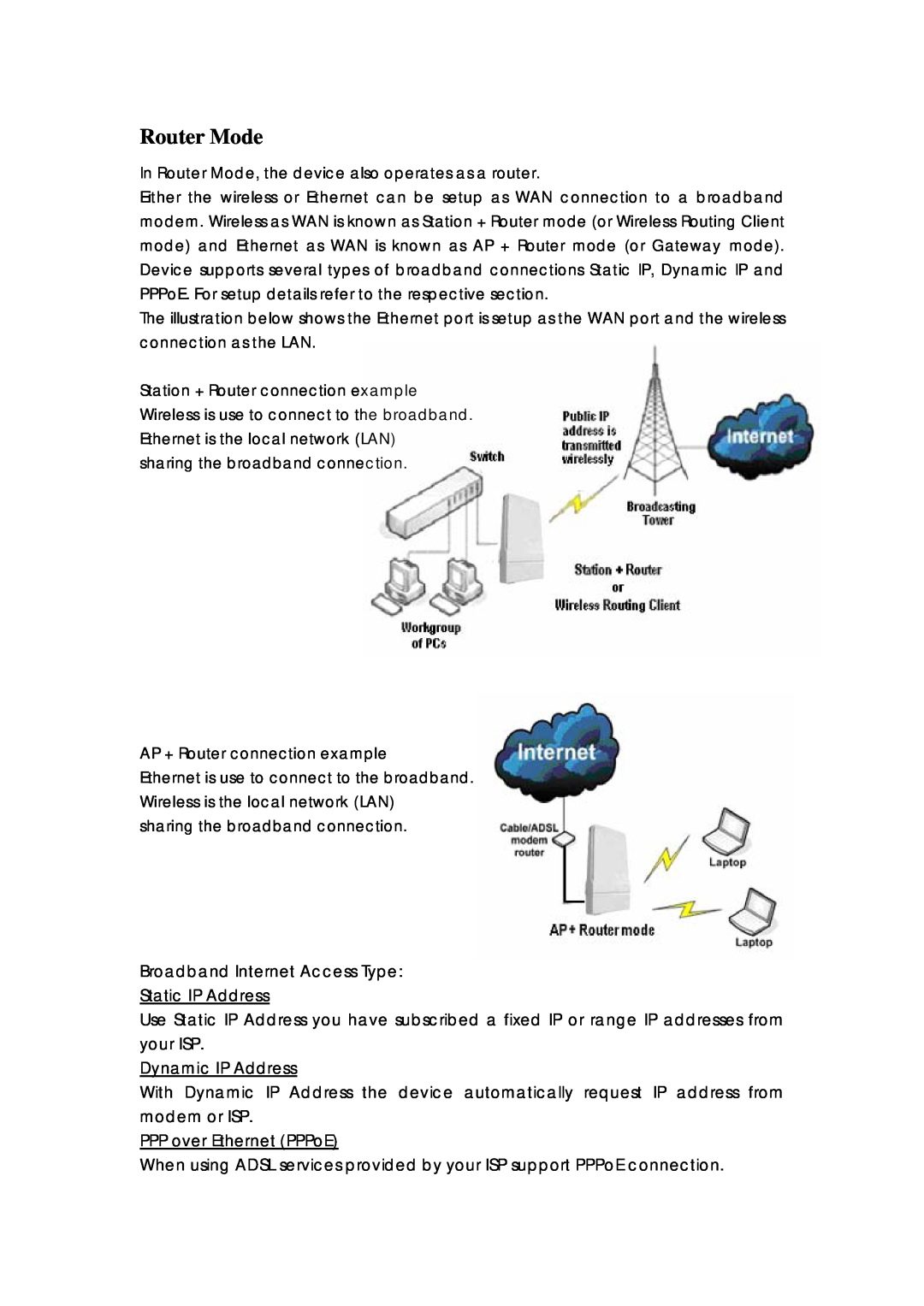 Compex Systems 802.11N manual Router Mode, Static IP Address, Dynamic IP Address, PPP over Ethernet PPPoE 