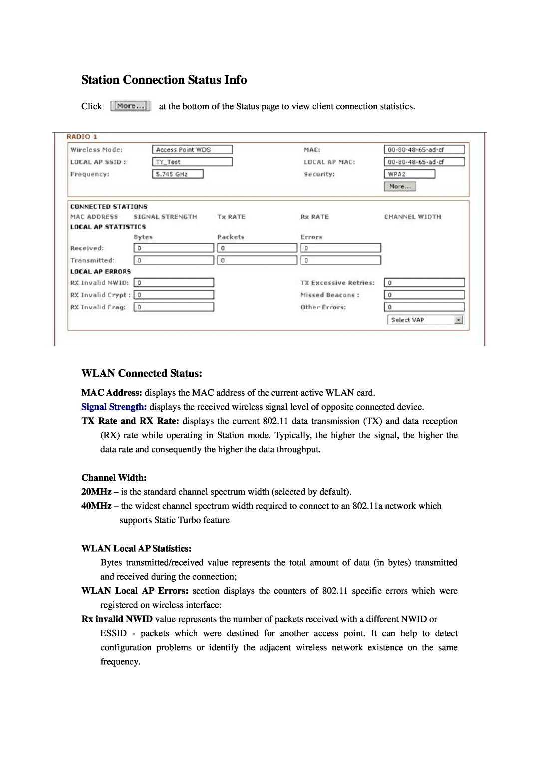 Compex Systems 802.11N Station Connection Status Info, WLAN Connected Status, Channel Width, WLAN Local AP Statistics 
