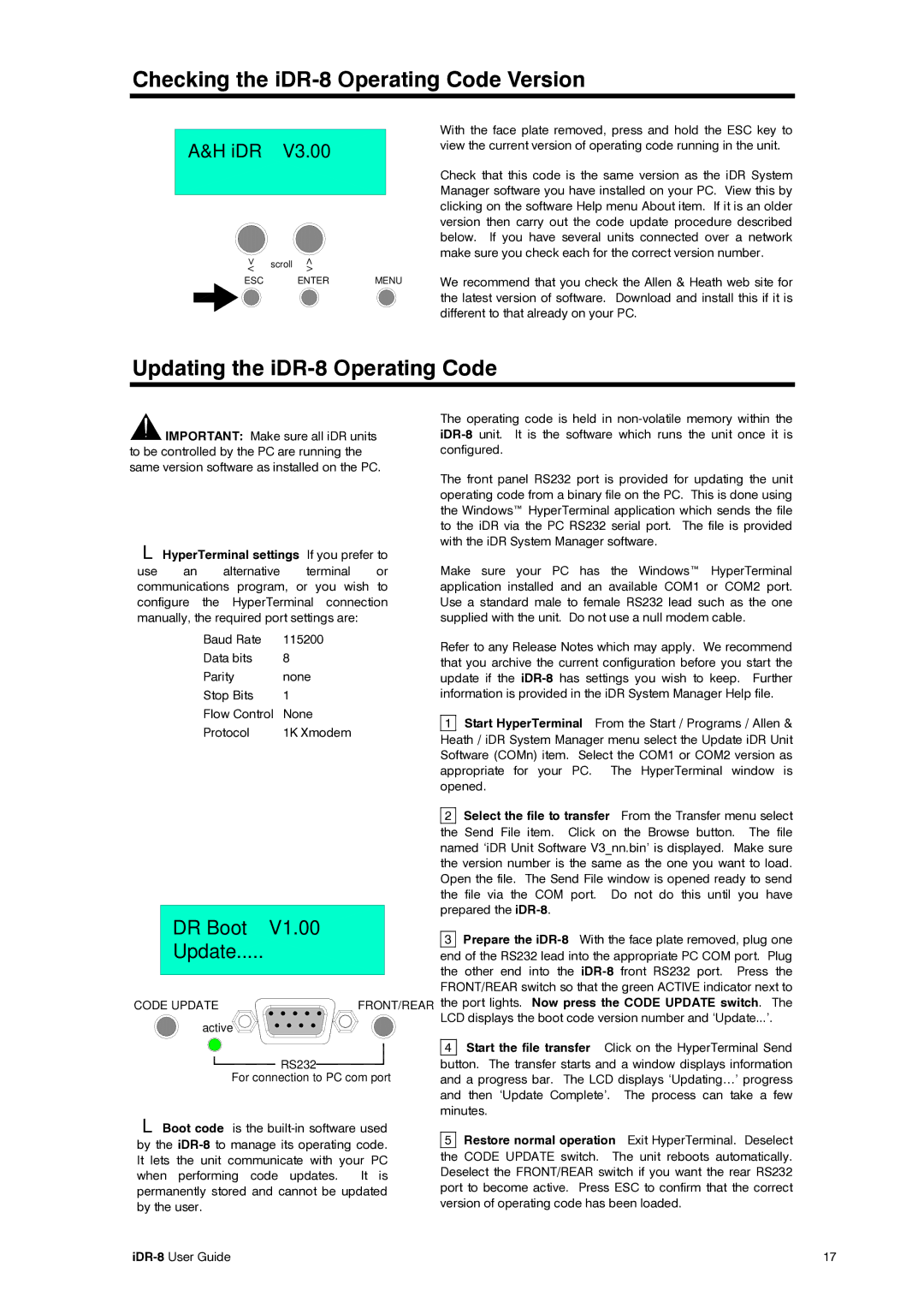 Compex Systems AP4530 manual Checking the iDR-8 Operating Code Version, Updating the iDR-8 Operating Code 