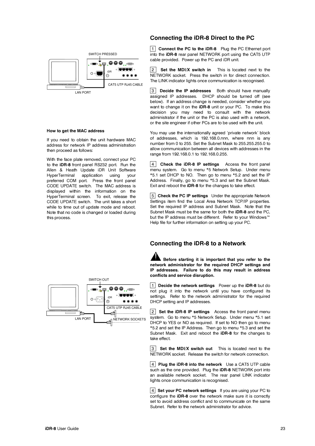 Compex Systems AP4530 Connecting the iDR-8 Direct to the PC, Connecting the iDR-8 to a Network, How to get the MAC address 