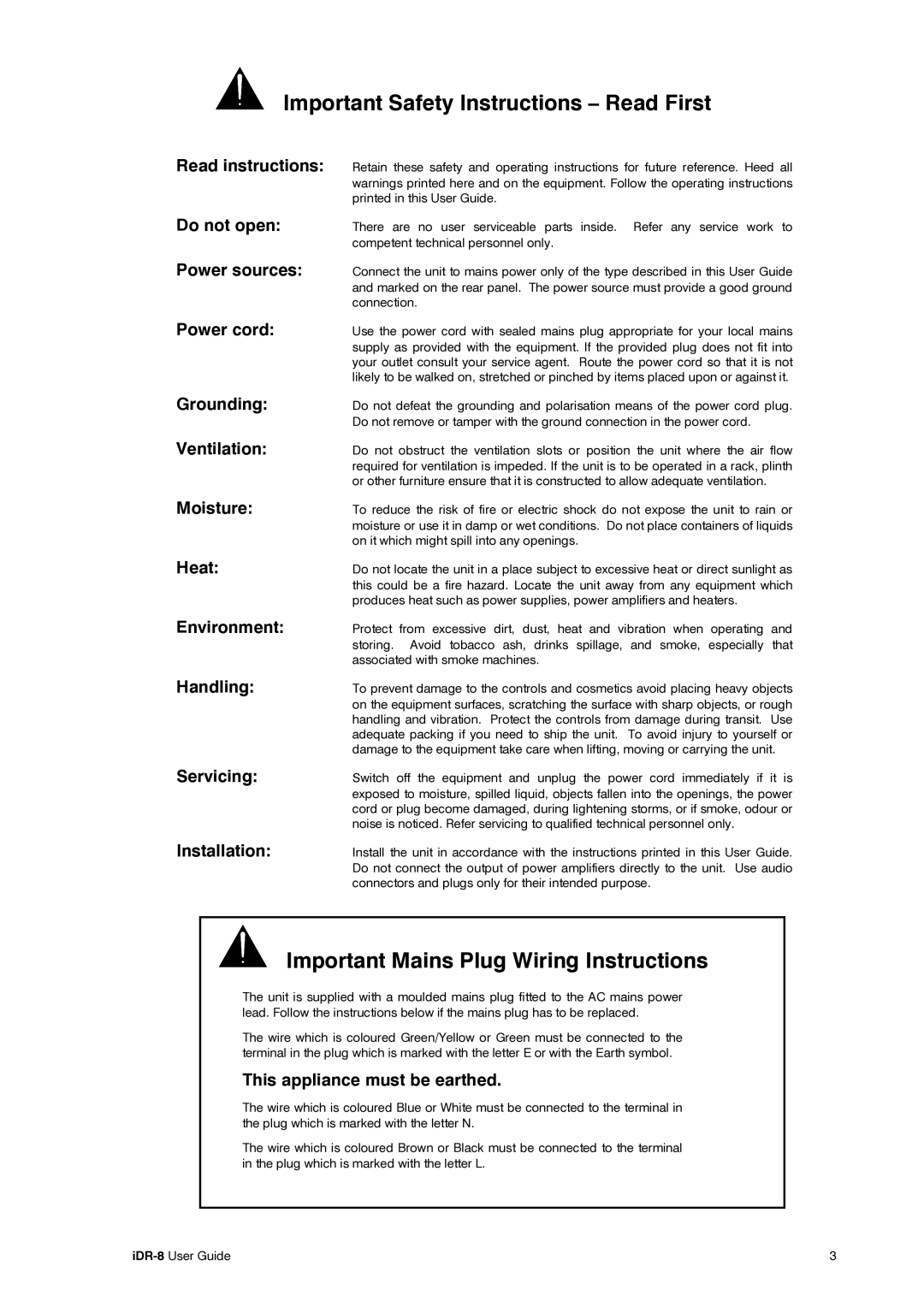 Compex Systems AP4530 Important Safety Instructions Read First, Important Mains Plug Wiring Instructions, IDR-8User Guide 