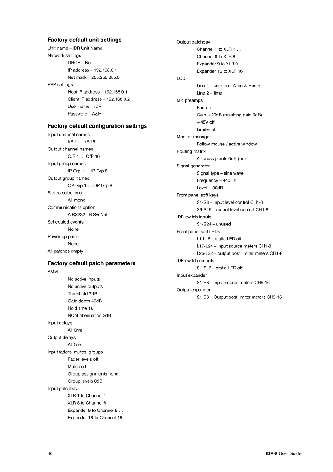 Compex Systems AP4530 manual Factory default unit settings, Factory default configuration settings 