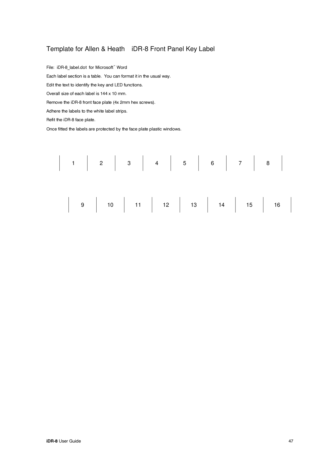 Compex Systems AP4530 manual Template for Allen & Heath iDR-8 Front Panel Key Label 