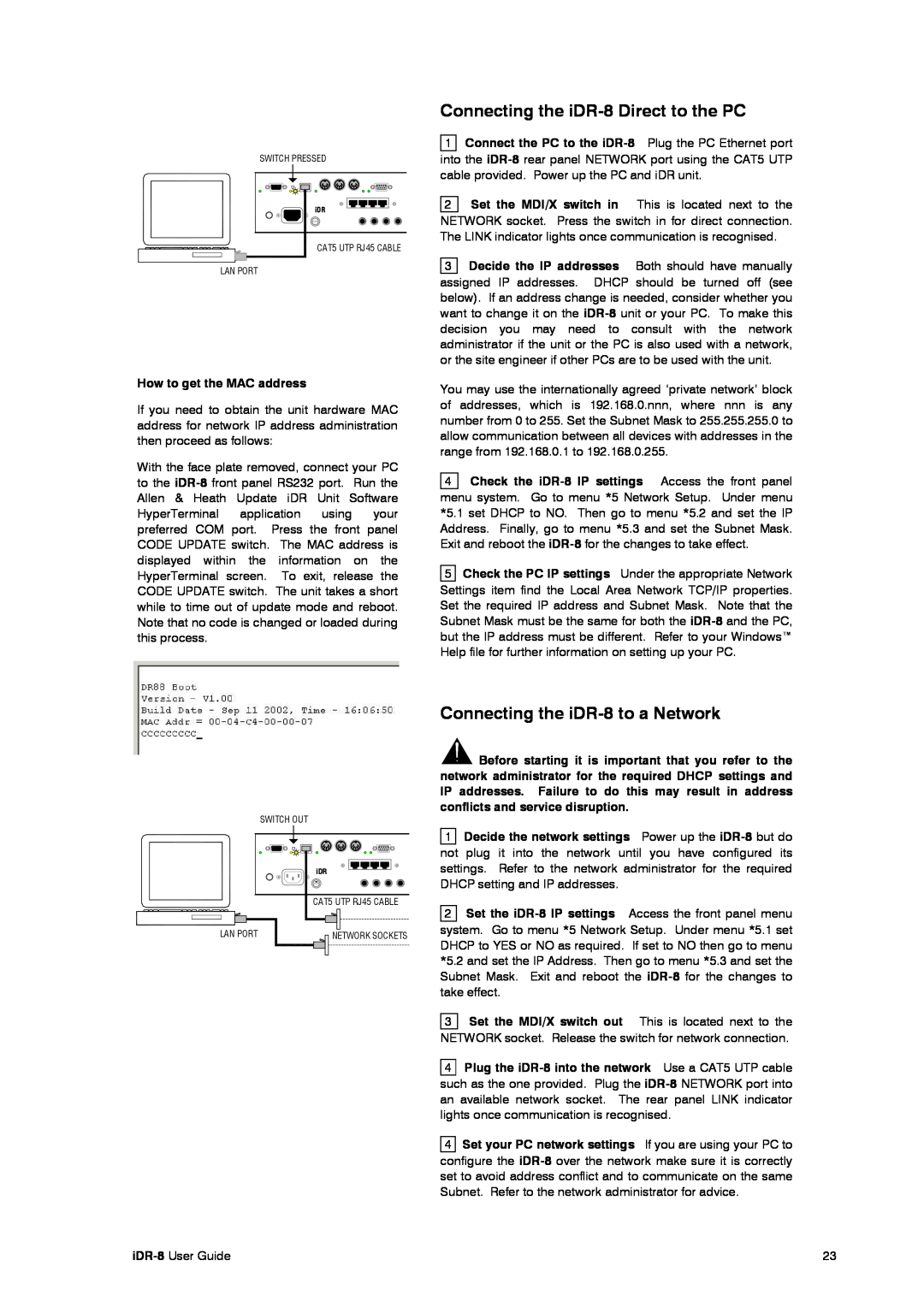 Compex Systems AP4530 Connecting the iDR-8 Direct to the PC, Connecting the iDR-8 to a Network, How to get the MAC address 
