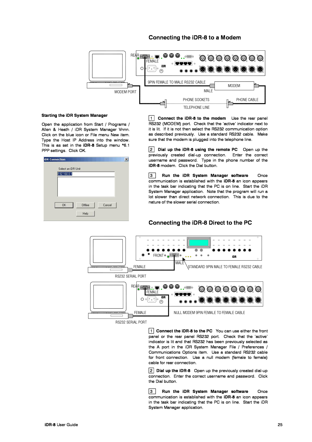 Compex Systems AP4530 manual Connecting the iDR-8 to a Modem, Connecting the iDR-8 Direct to the PC, Female 