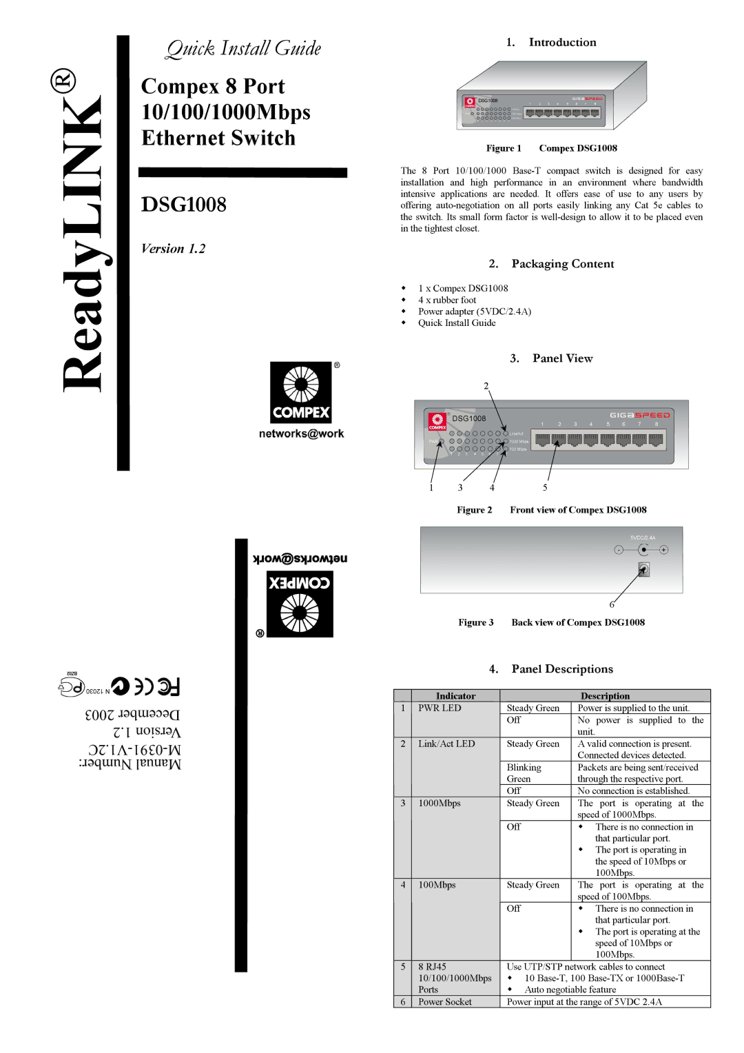 Compex Systems DSG1008 manual Introduction, Packaging Content, Panel View, Panel Descriptions, Indicator Description 