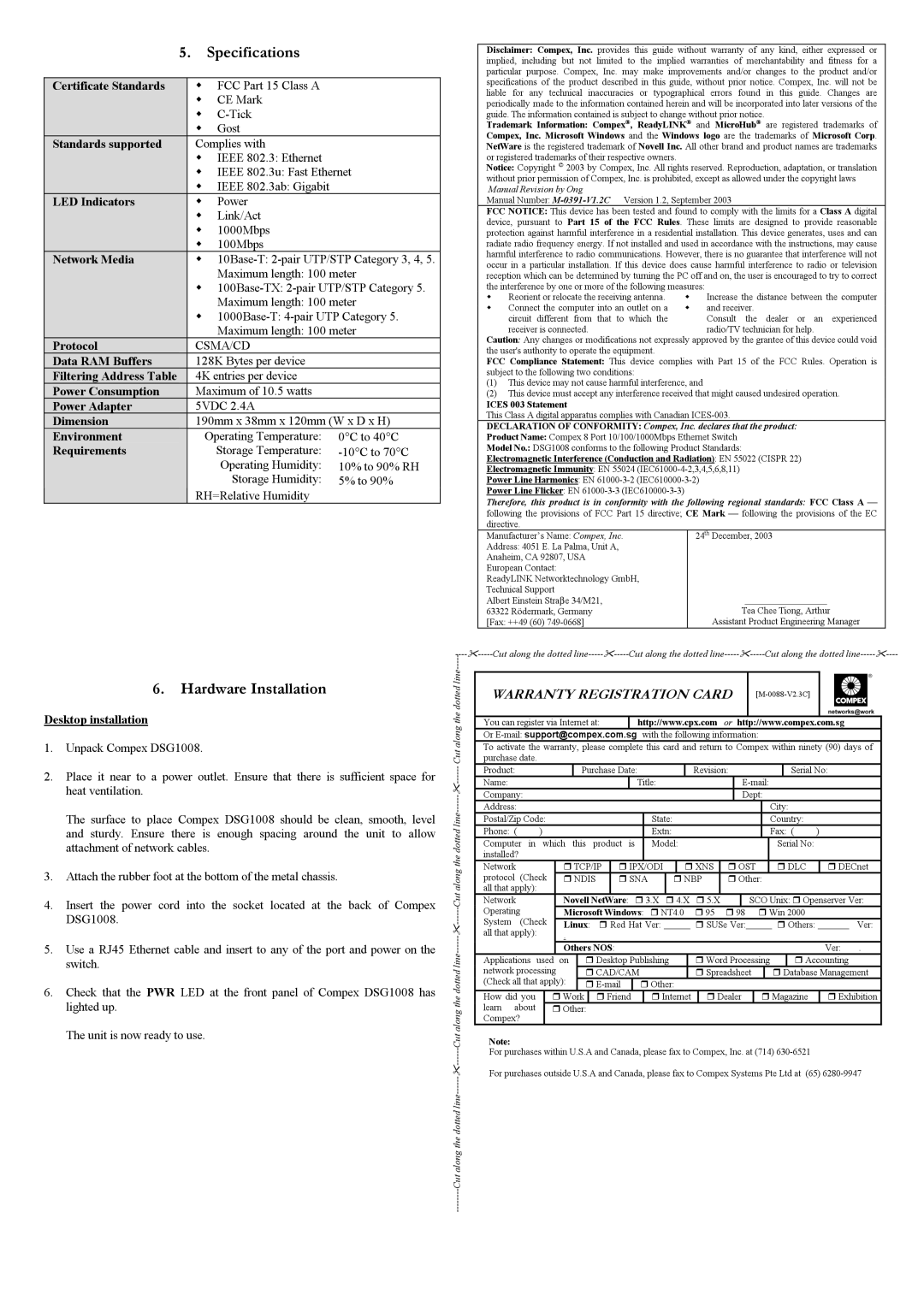 Compex Systems DSG1008 manual Specifications, Hardware Installation 