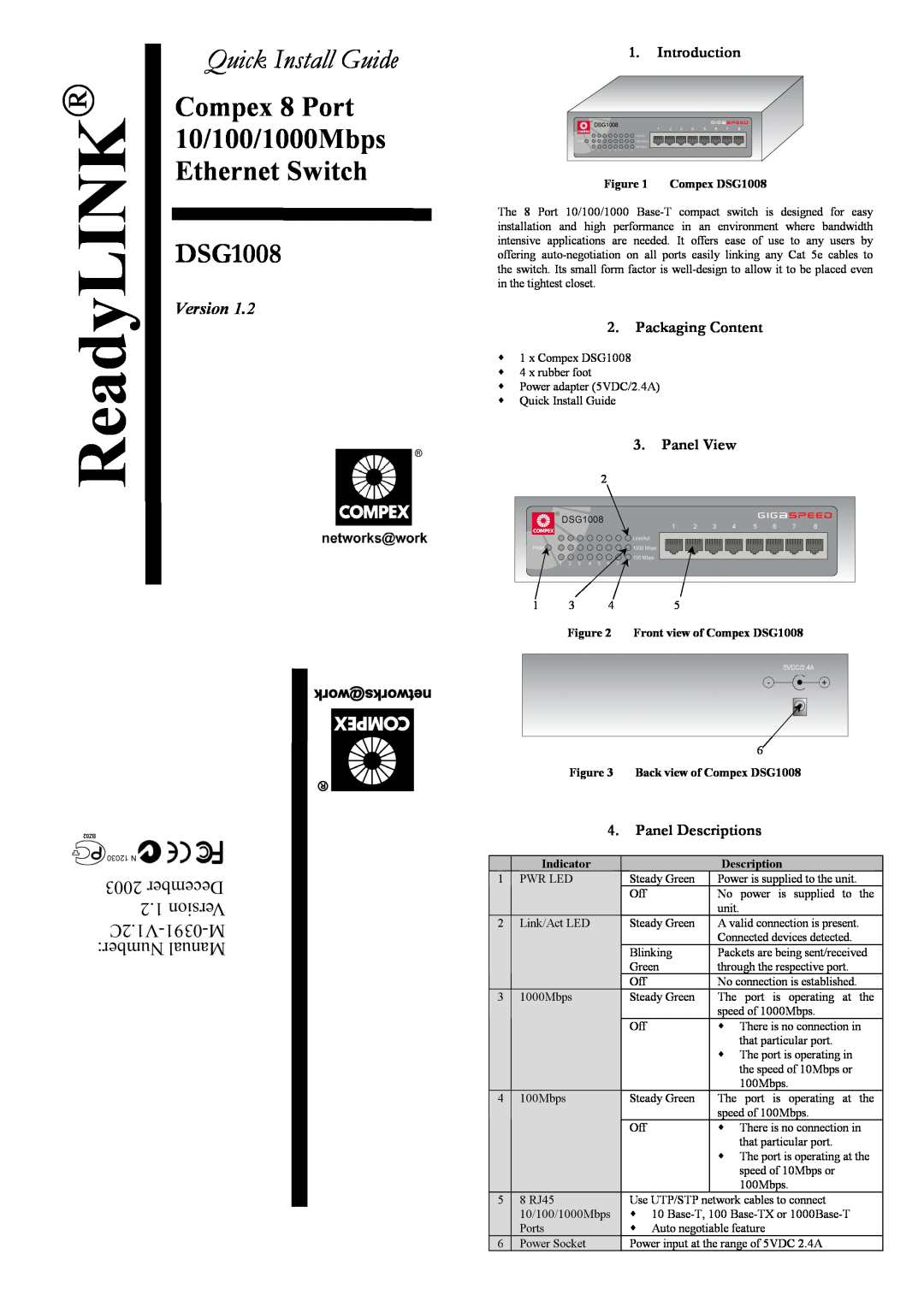 Compex Systems DSG1008 manual Introduction, Packaging Content, Panel View, Panel Descriptions, ReadyLINK, Version 