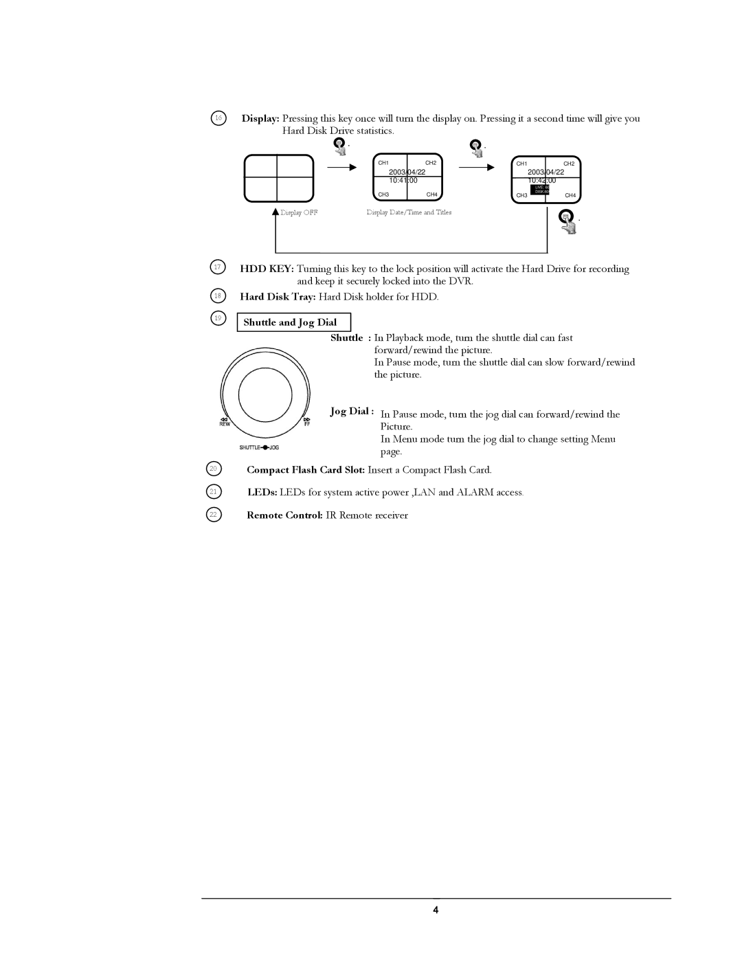 Compex Systems DVR4-80 user manual Shuttle and Jog Dial 