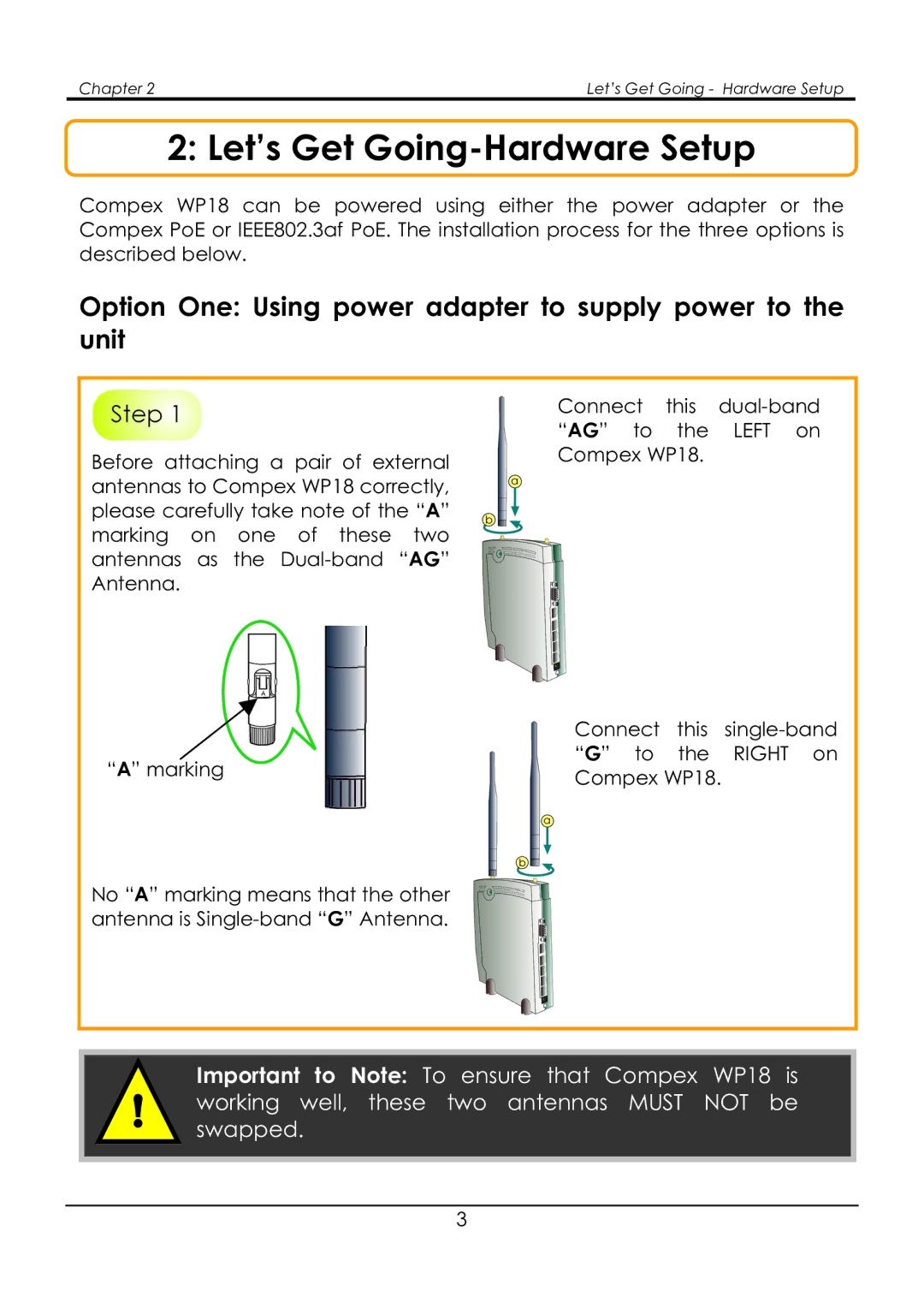 Compex Systems NetPassage WP18 Let’s Get Going-Hardware Setup, Option One Using power adapter to supply power to the unit 