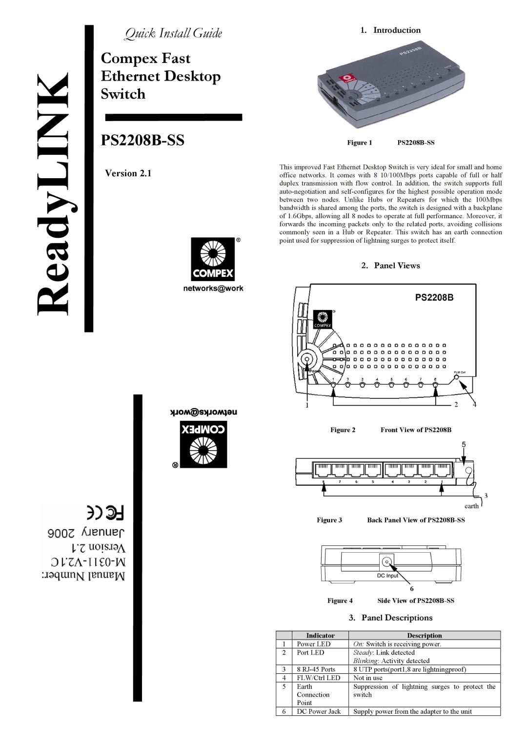 Compex Systems PS2208B-SS manual Introduction, Panel Views, Panel Descriptions, ReadyLINK, Indicator 