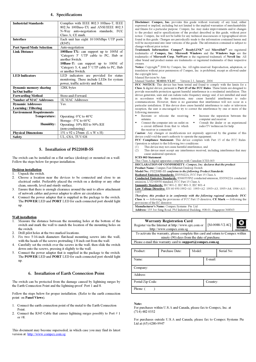 Compex Systems manual Specifications, Installation of PS2208B-SS, Installation of Earth Connection Point 