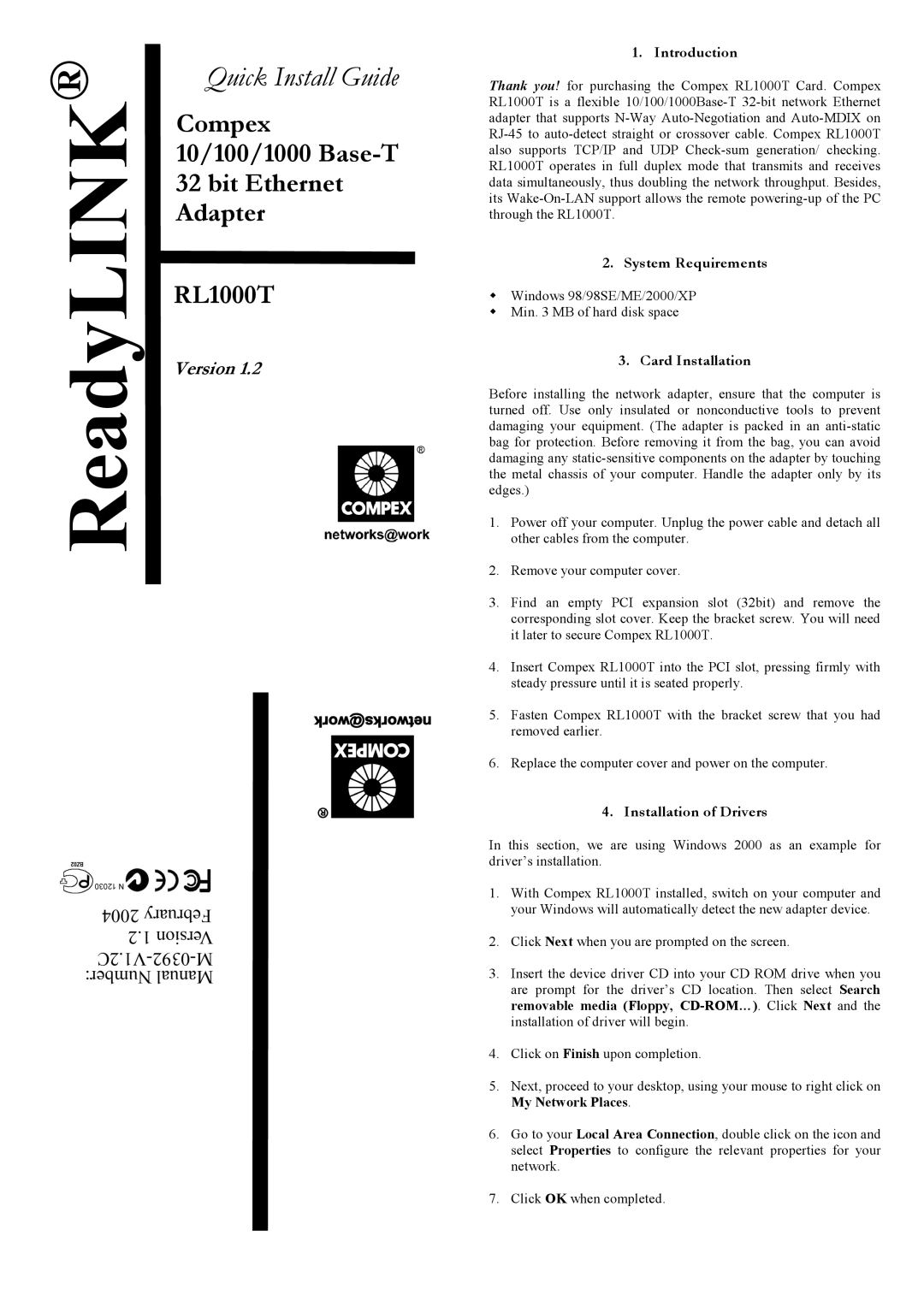 Compex Systems RL1000T manual Introduction, System Requirements, Card Installation, Installation of Drivers 