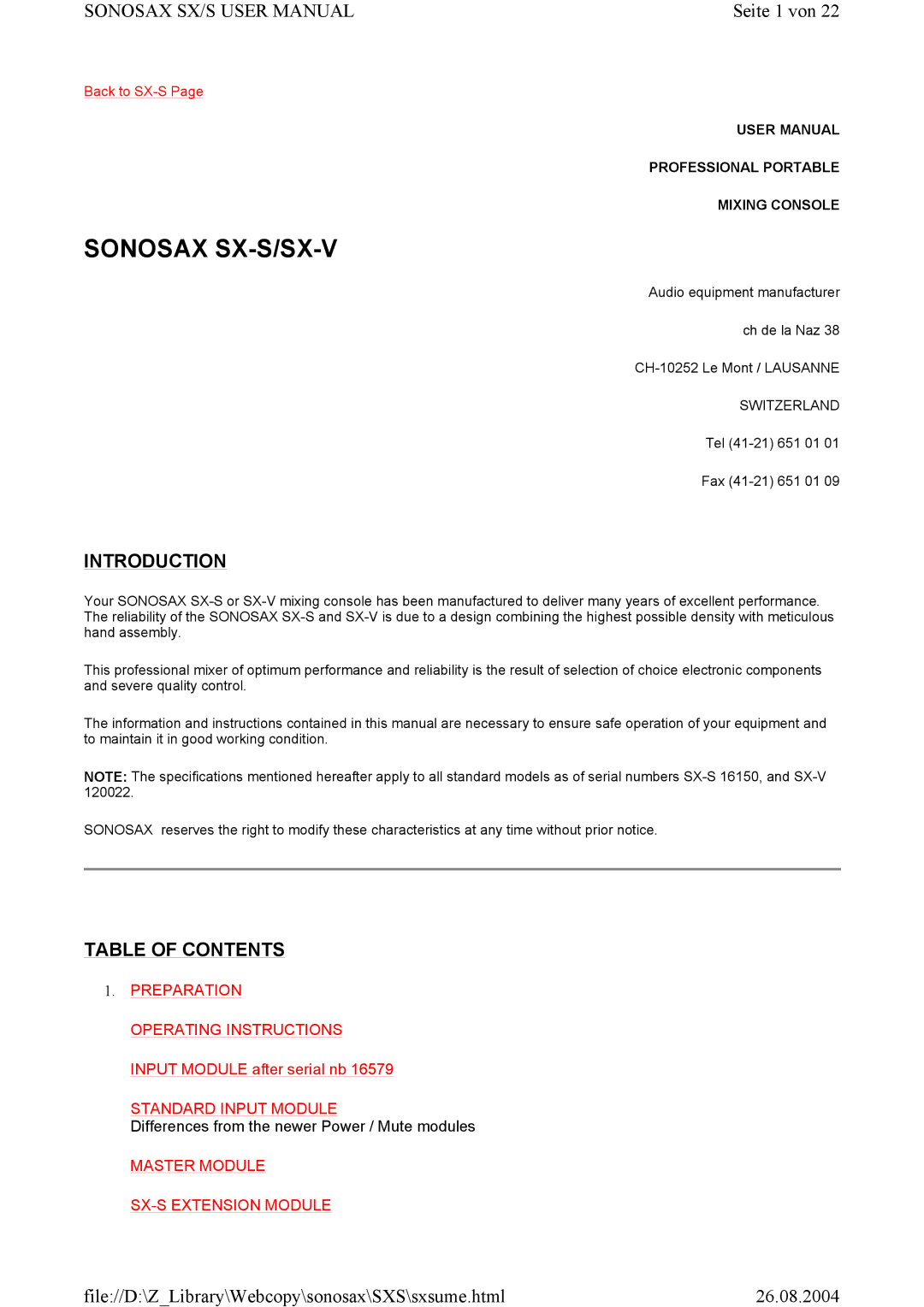 Compex Systems SONOSAX SX-S, SX-V user manual Introduction, Table of Contents 