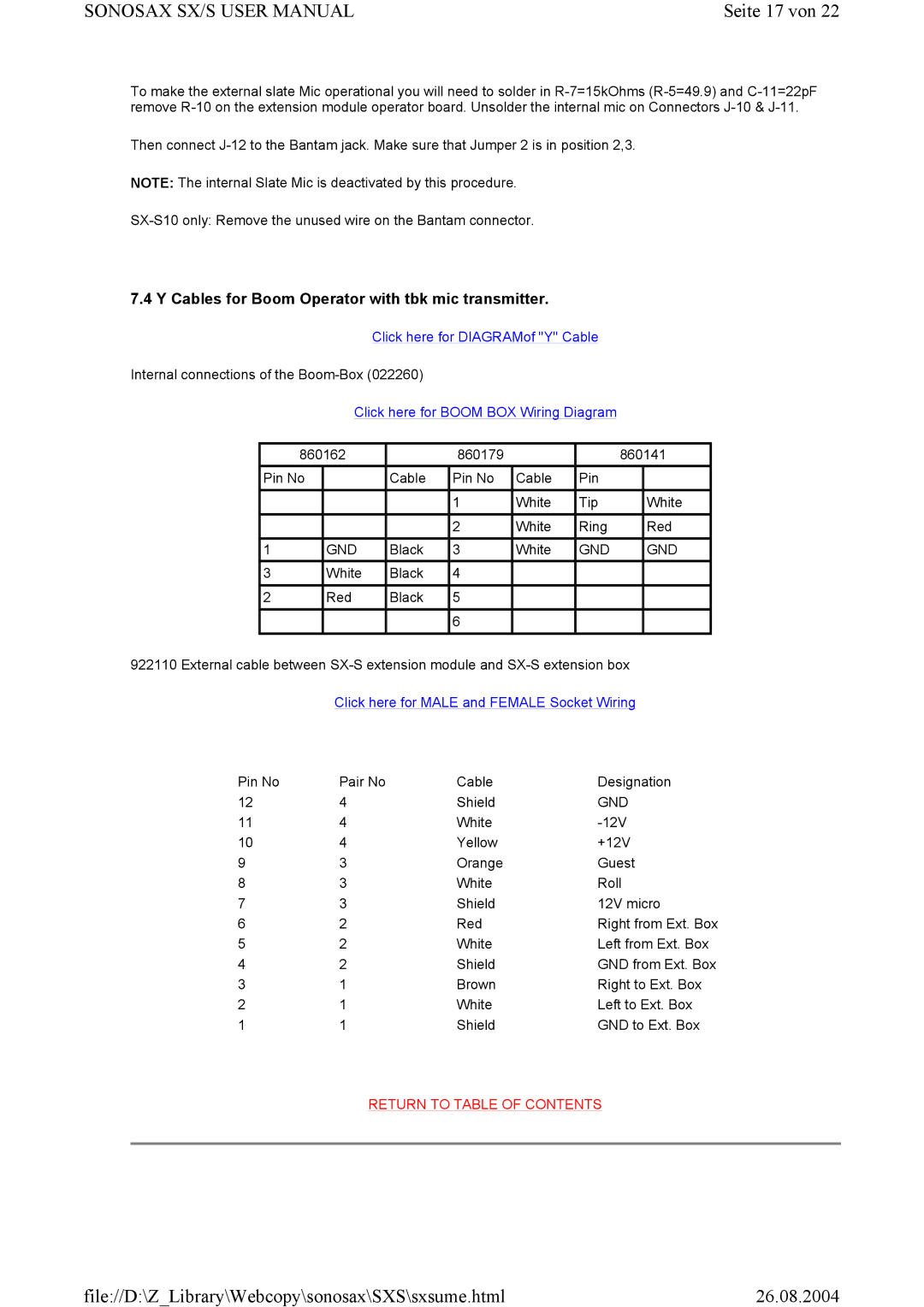 Compex Systems SONOSAX SX-S, SX-V user manual Seite 17 von, Cables for Boom Operator with tbk mic transmitter 