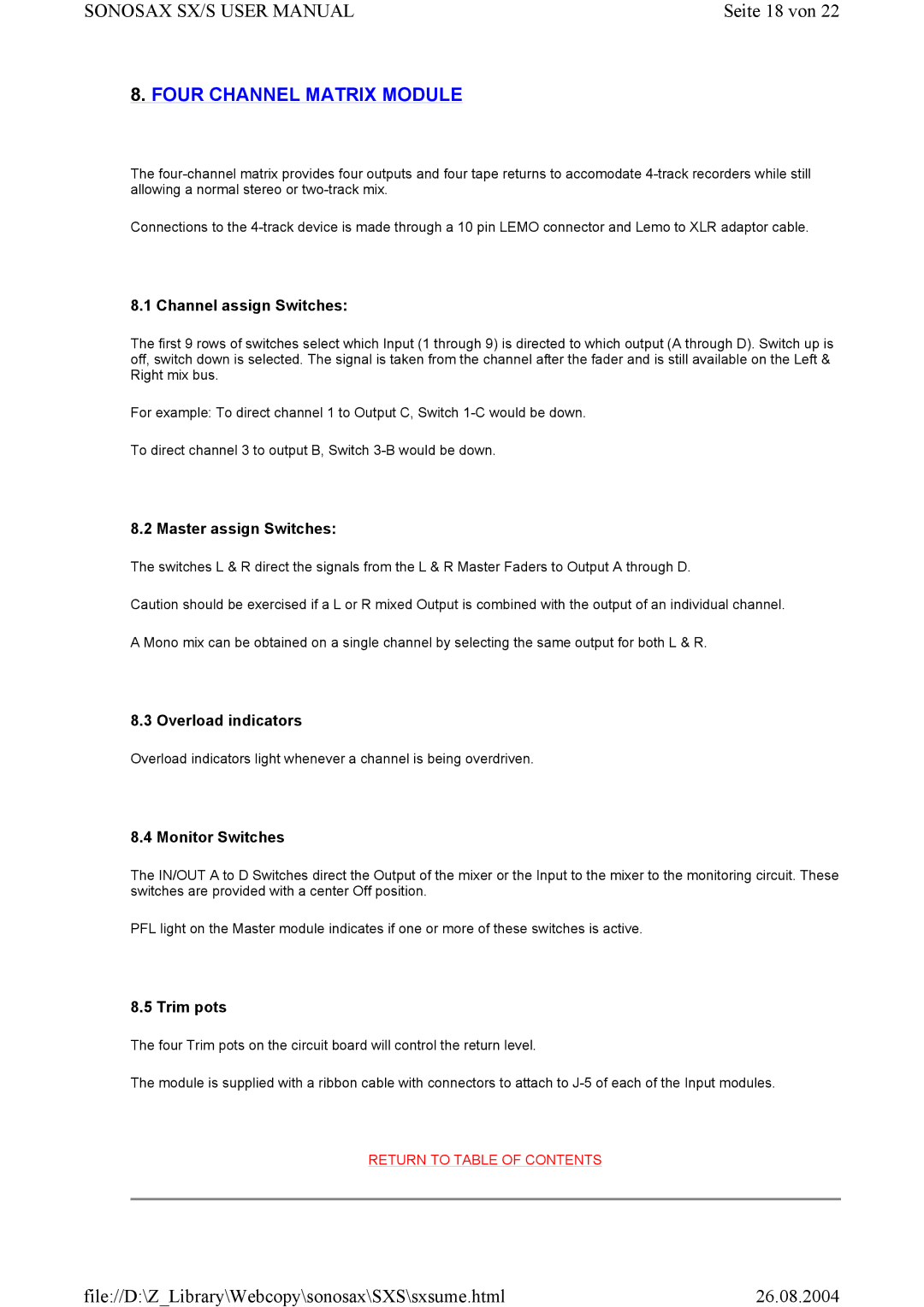 Compex Systems SX-V, SONOSAX SX-S user manual Seite 18 von, Four Channel Matrix Module 