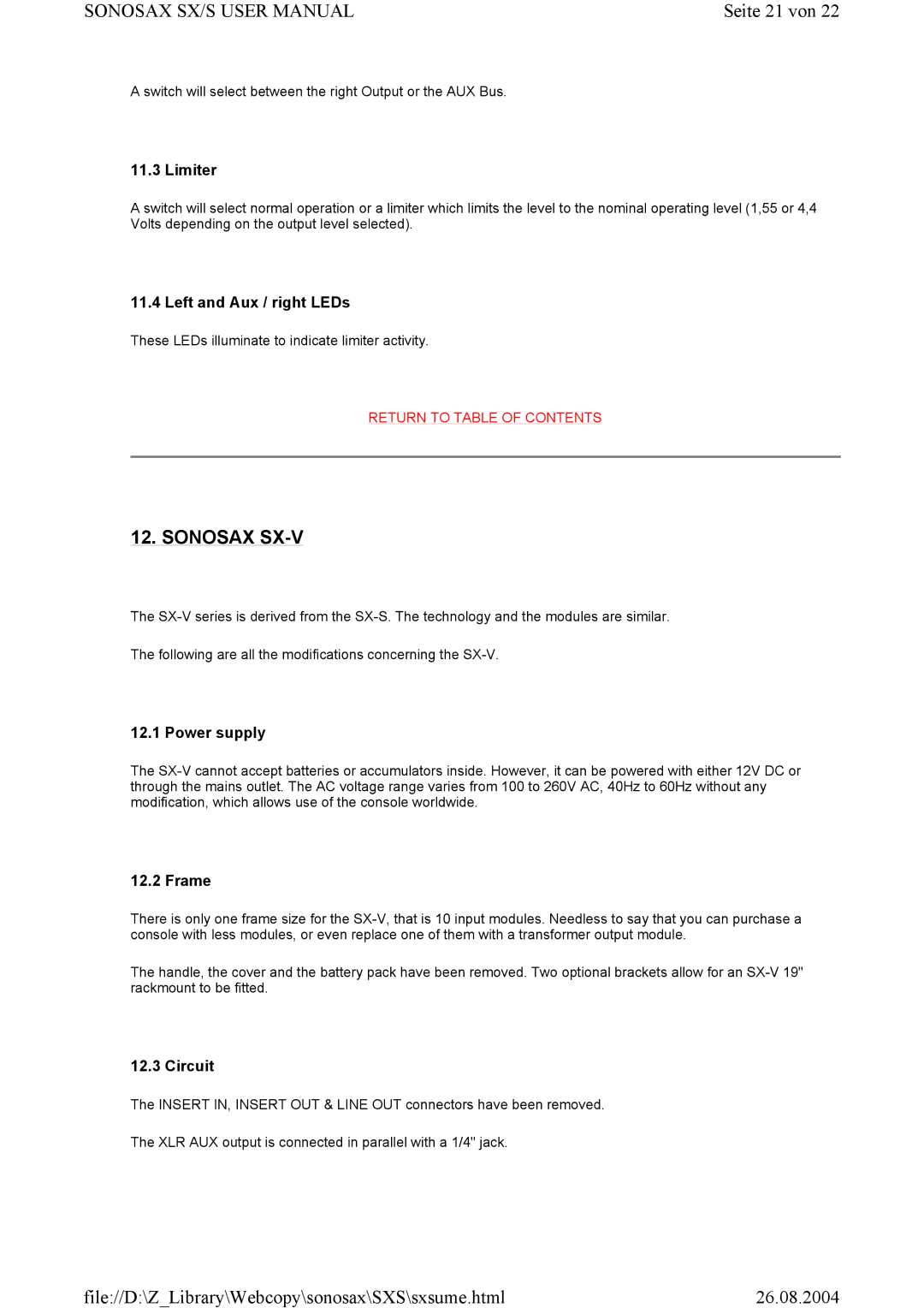 Compex Systems SONOSAX SX-S user manual Seite 21 von, Sonosax SX-V 