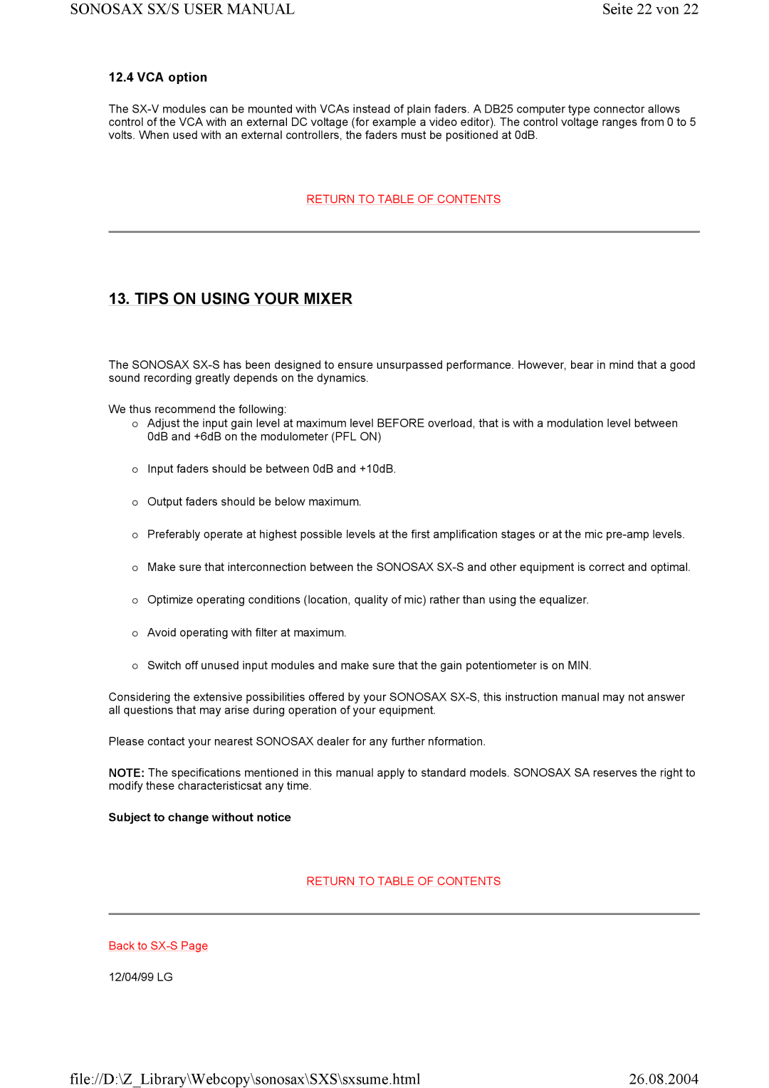 Compex Systems SX-V, SONOSAX SX-S user manual Seite 22 von, Tips on Using Your Mixer, VCA option 