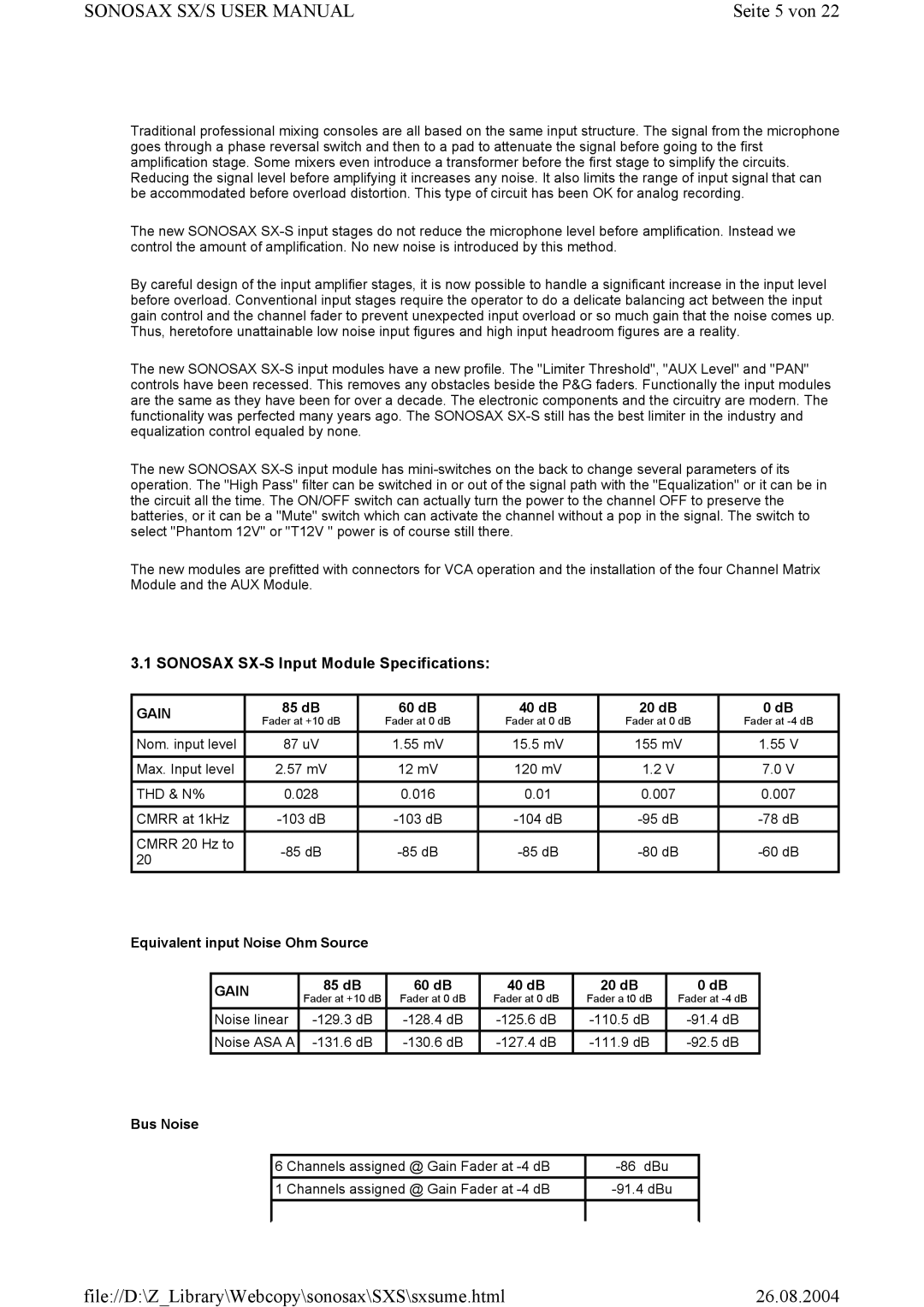 Compex Systems SONOSAX SX-S, SX-V user manual Seite 5 von, Sonosax SX-S Input Module Specifications 