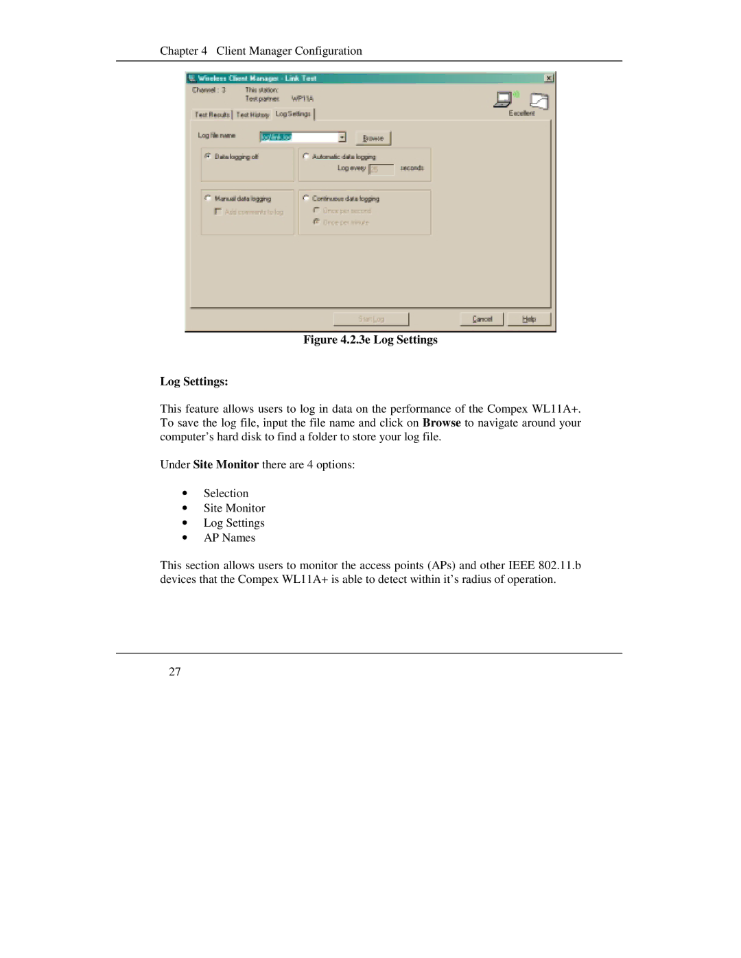 Compex Systems WL11A+ manual 3e Log Settings 