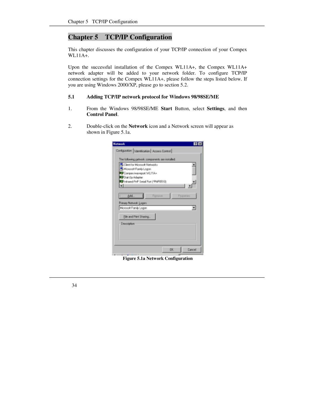 Compex Systems WL11A+ manual TCP/IP Configuration, Adding TCP/IP network protocol for Windows 98/98SE/ME 