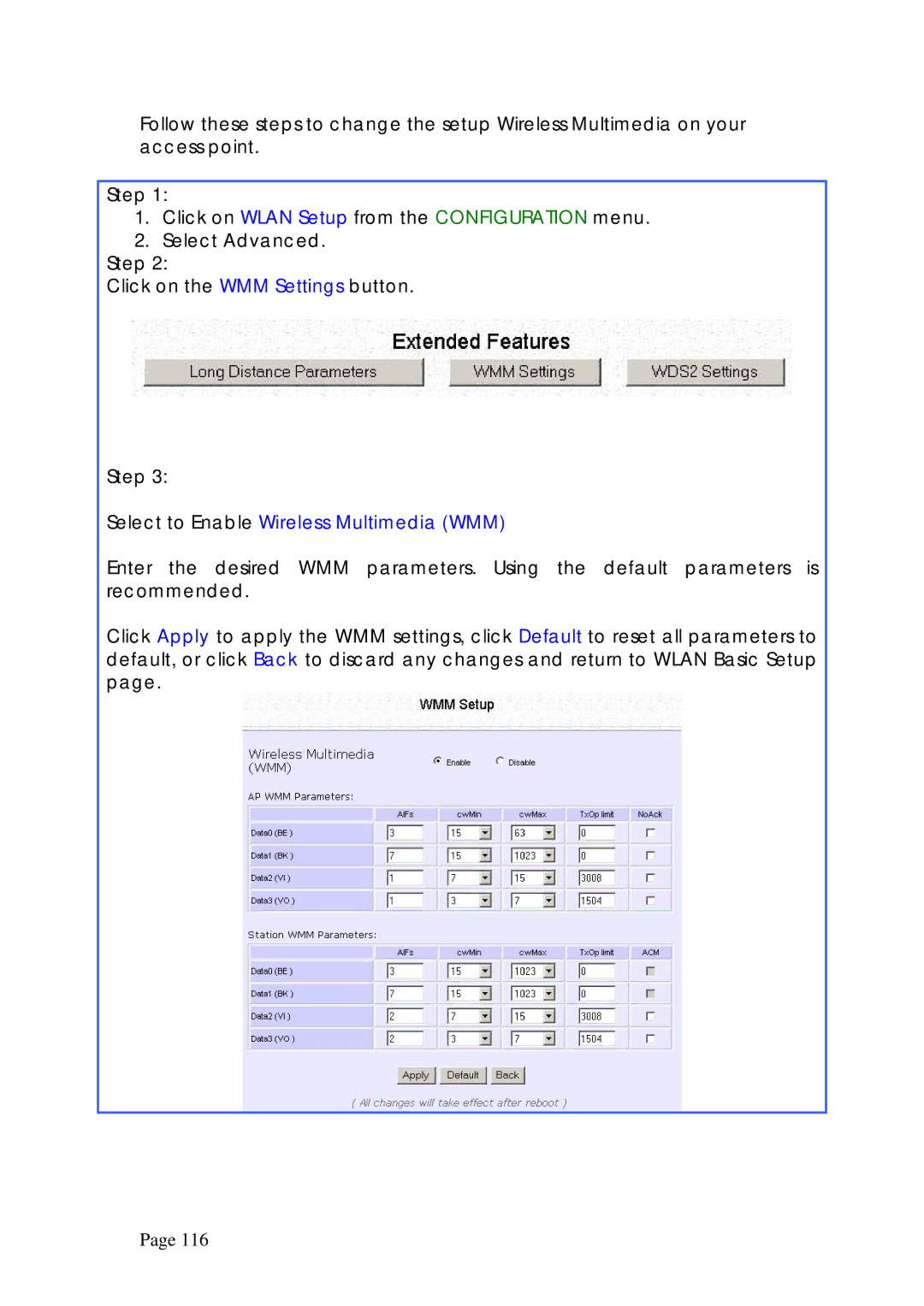 Compex Systems WPE53G manual Select to Enable Wireless Multimedia WMM 