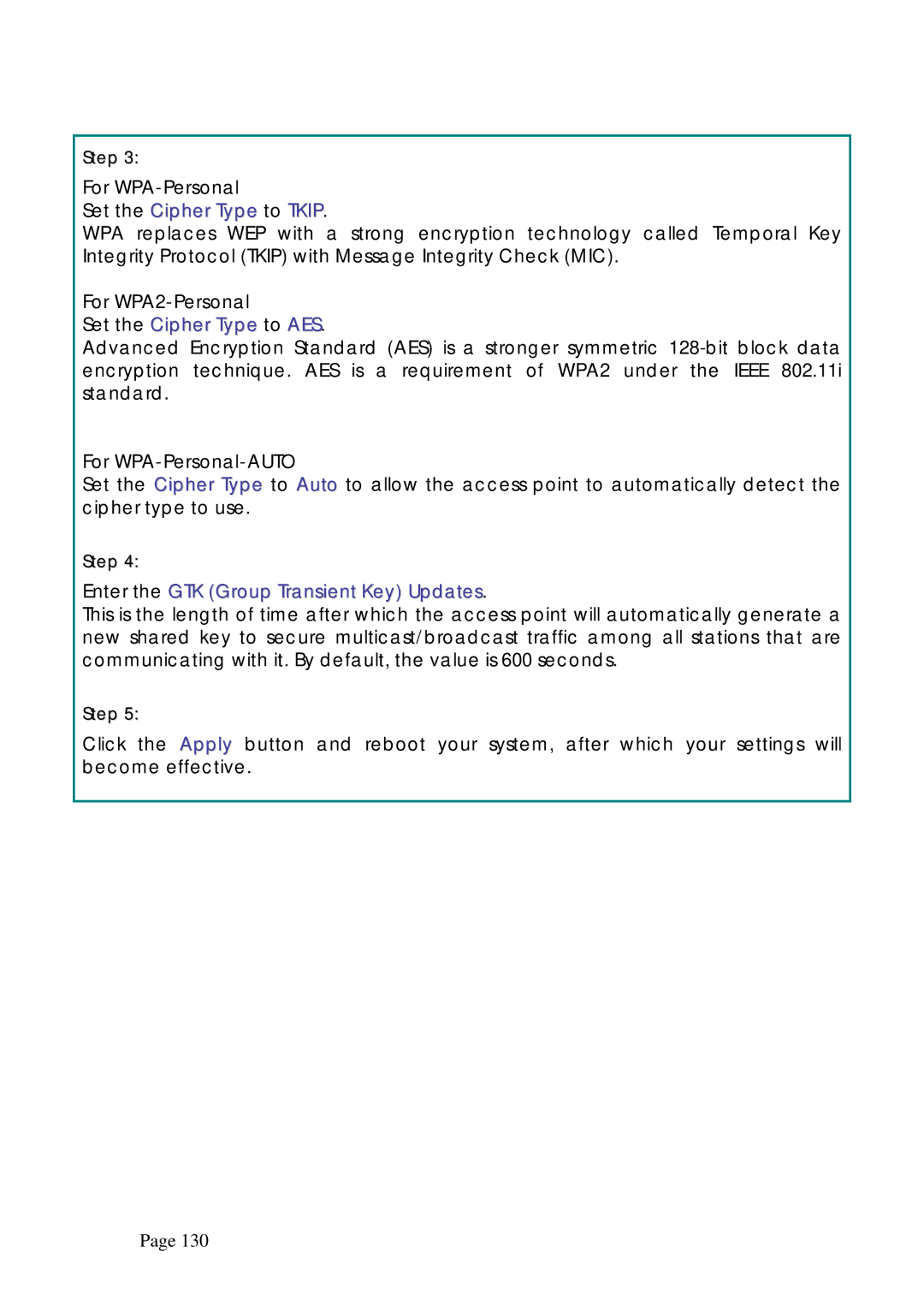 Compex Systems WPE53G Set the Cipher Type to Tkip, Set the Cipher Type to AES, Enter the GTK Group Transient Key Updates 