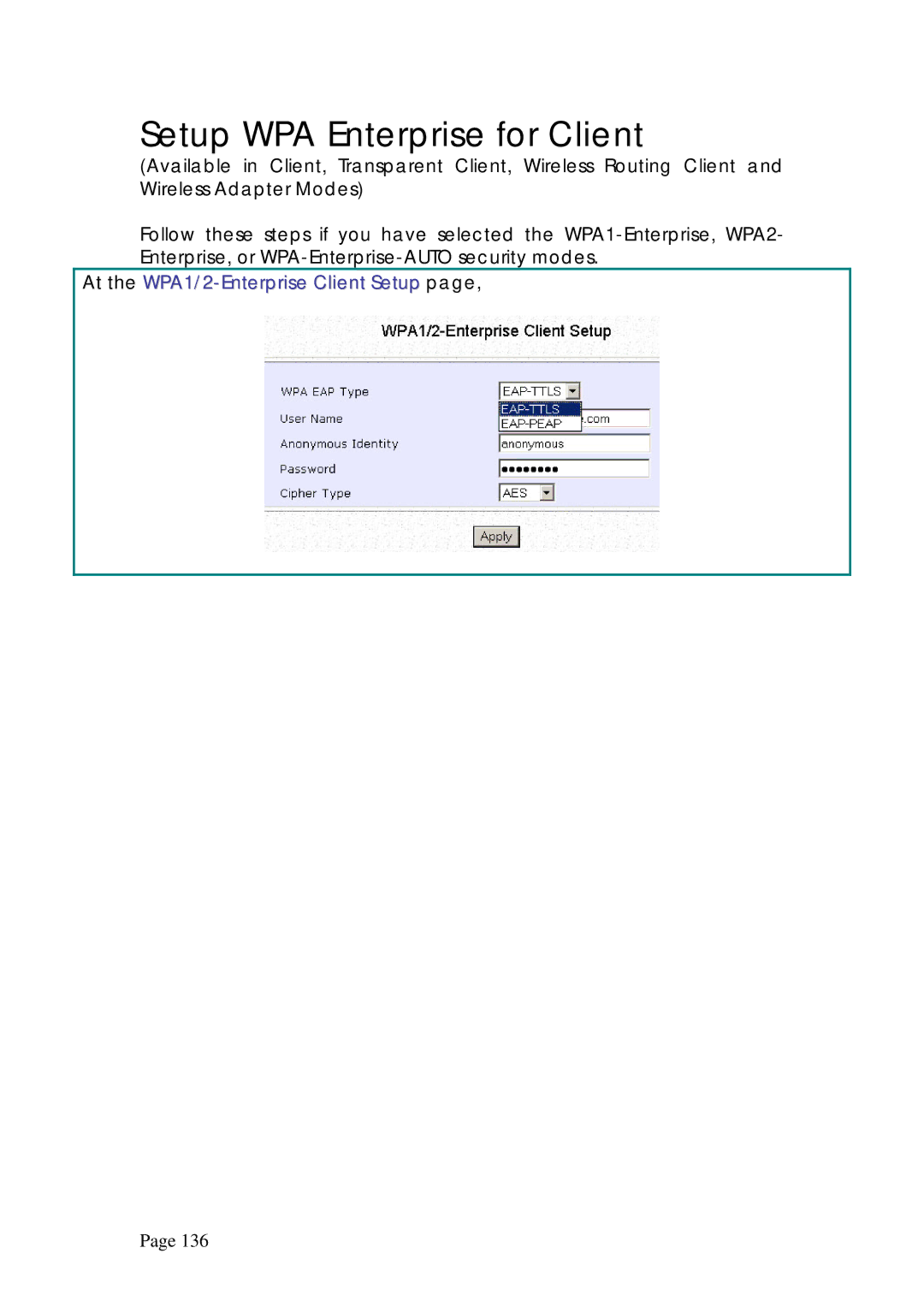 Compex Systems WPE53G manual Setup WPA Enterprise for Client, At the WPA1/2-Enterprise Client Setup 