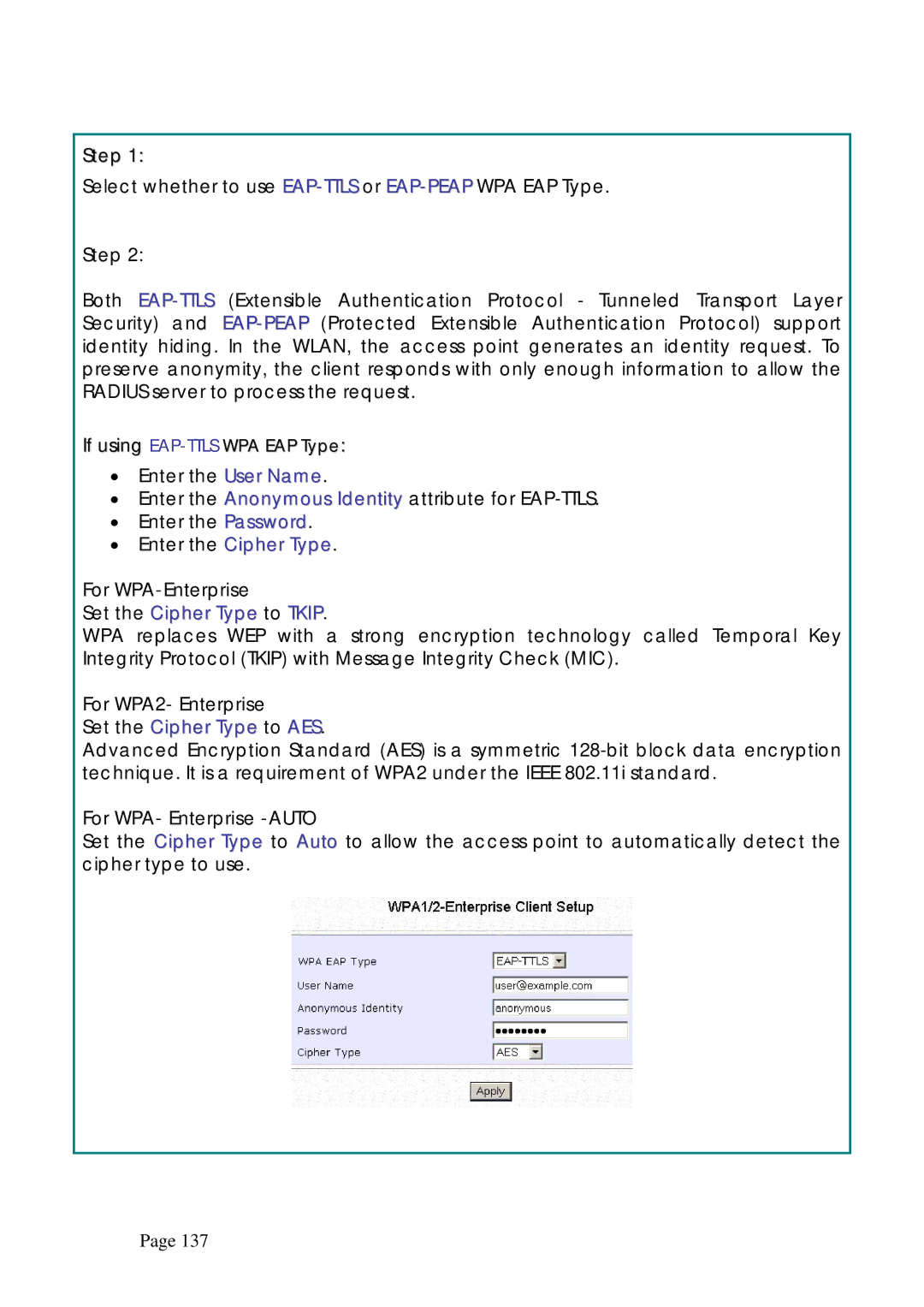 Compex Systems WPE53G manual For WPA-Enterprise, For WPA2- Enterprise, For WPA- Enterprise -AUTO 