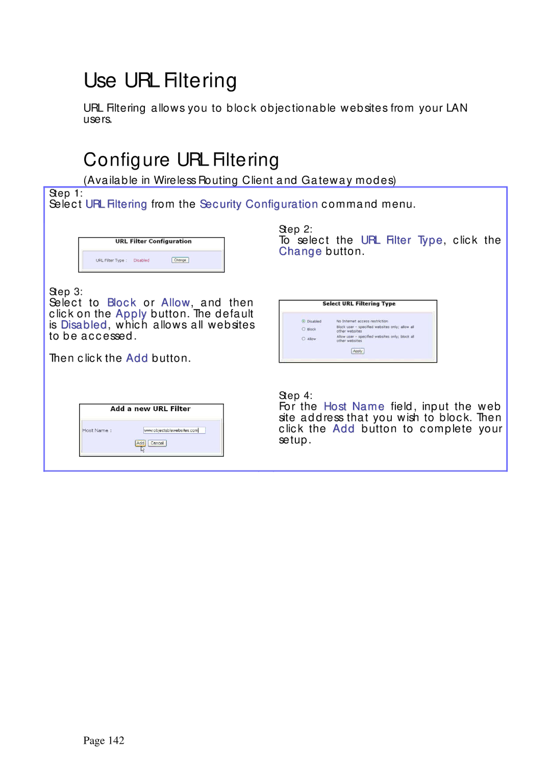 Compex Systems WPE53G manual Use URL Filtering, Configure URL Filtering, Change button 