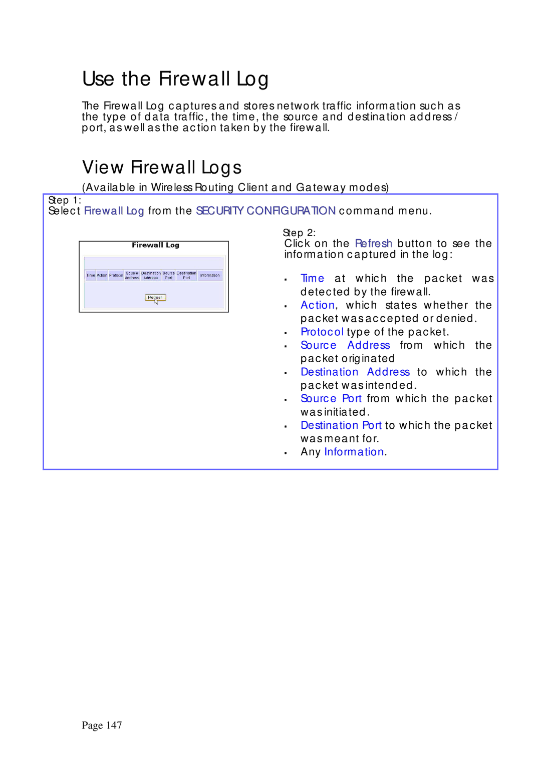 Compex Systems WPE53G manual Use the Firewall Log, View Firewall Logs 