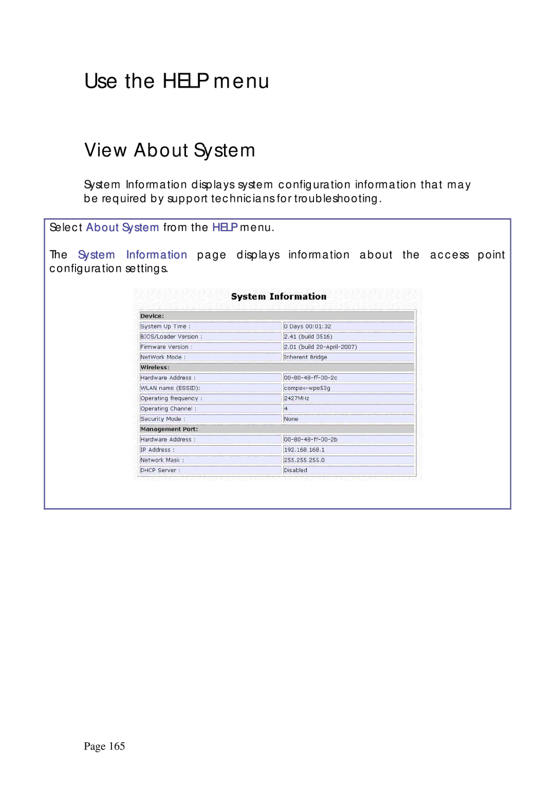 Compex Systems WPE53G manual Use the Help menu, View About System 