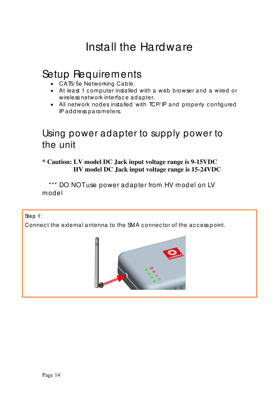 Compex Systems WPE53G manual Setup Requirements, Using power adapter to supply power to the unit 