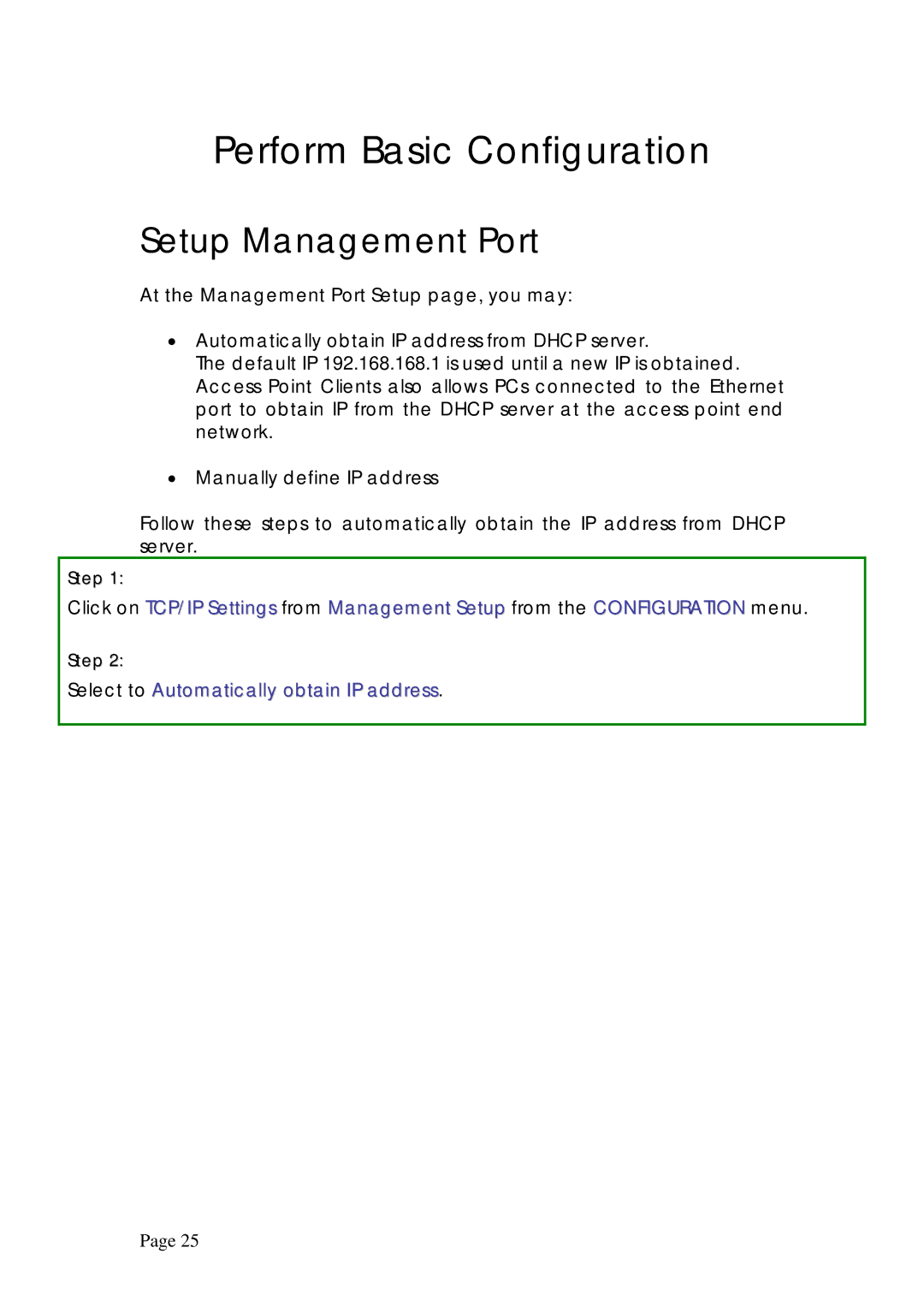 Compex Systems WPE53G manual Setup Management Port, Select to Automatically obtain IP address 