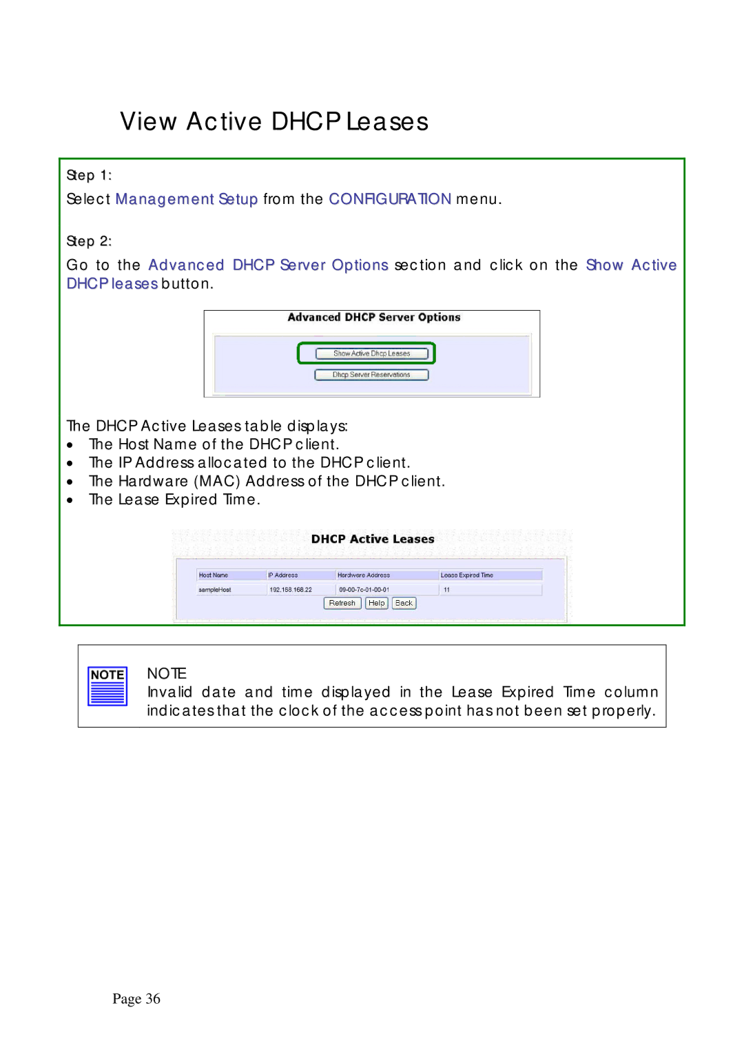 Compex Systems WPE53G View Active Dhcp Leases, Select Management Setup from the Configuration menu, Lease Expired Time 