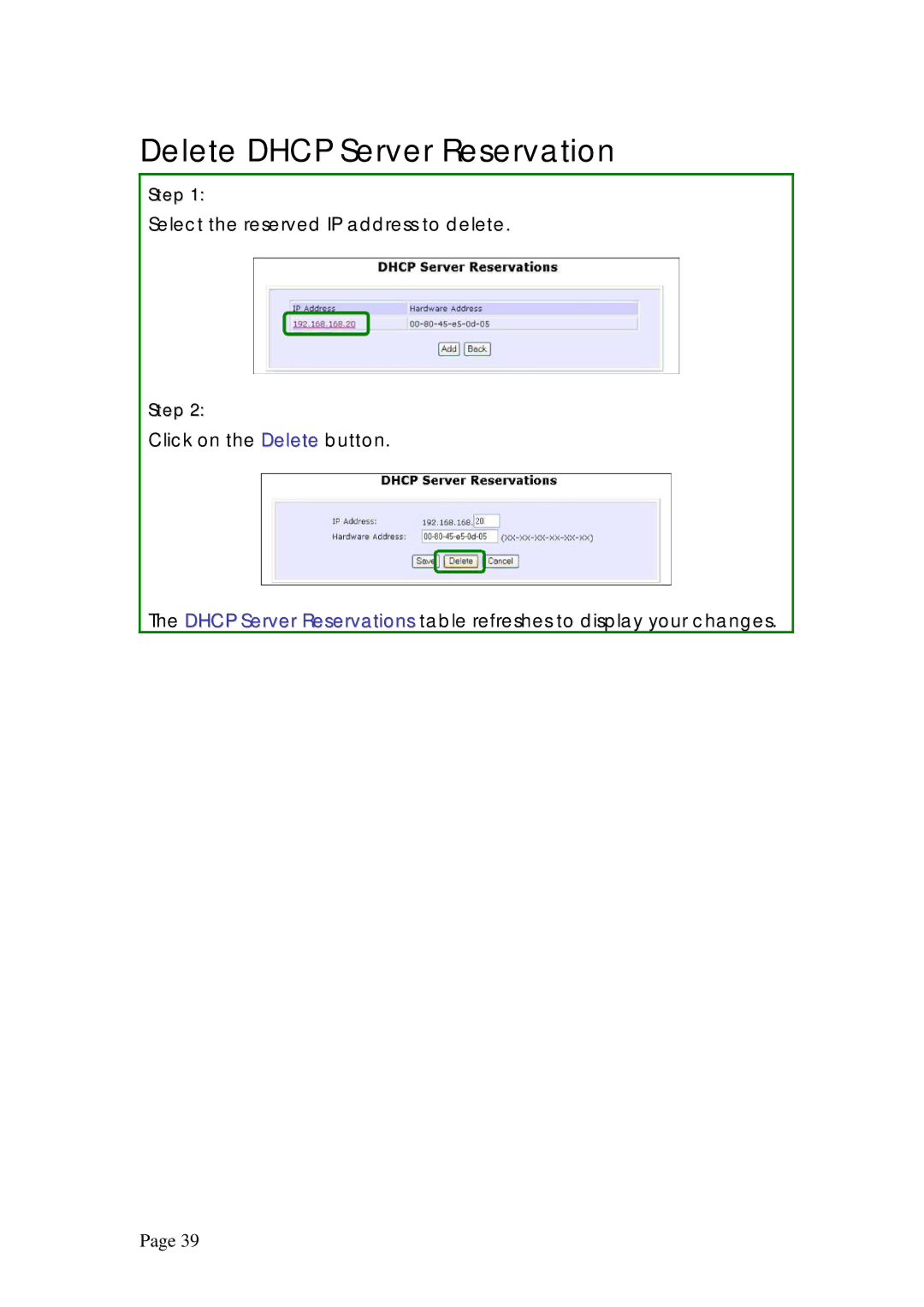 Compex Systems WPE53G manual Delete Dhcp Server Reservation 