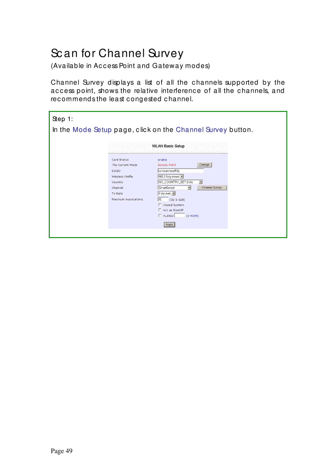 Compex Systems WPE53G manual Scan for Channel Survey 