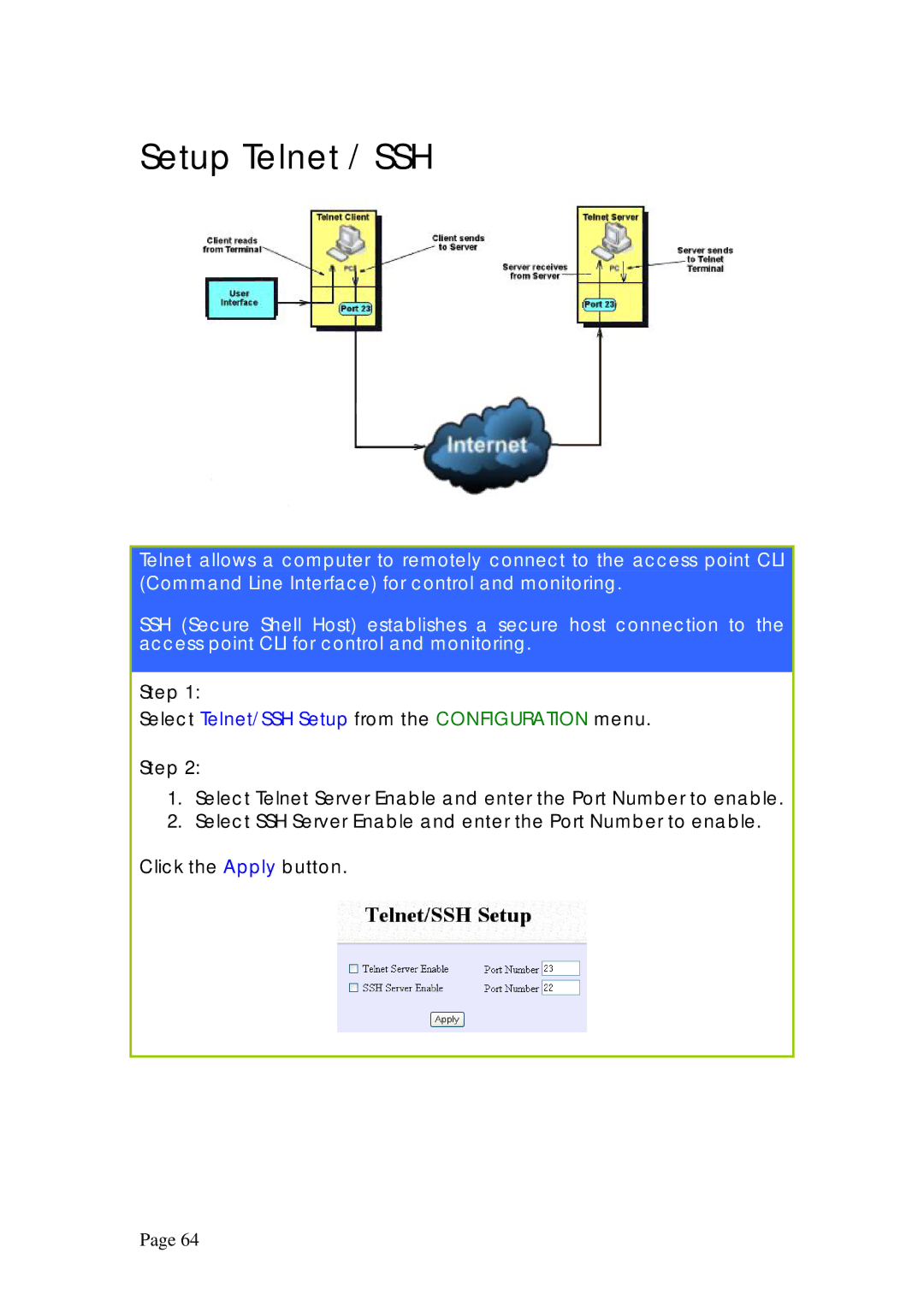 Compex Systems WPE53G manual Setup Telnet / SSH 