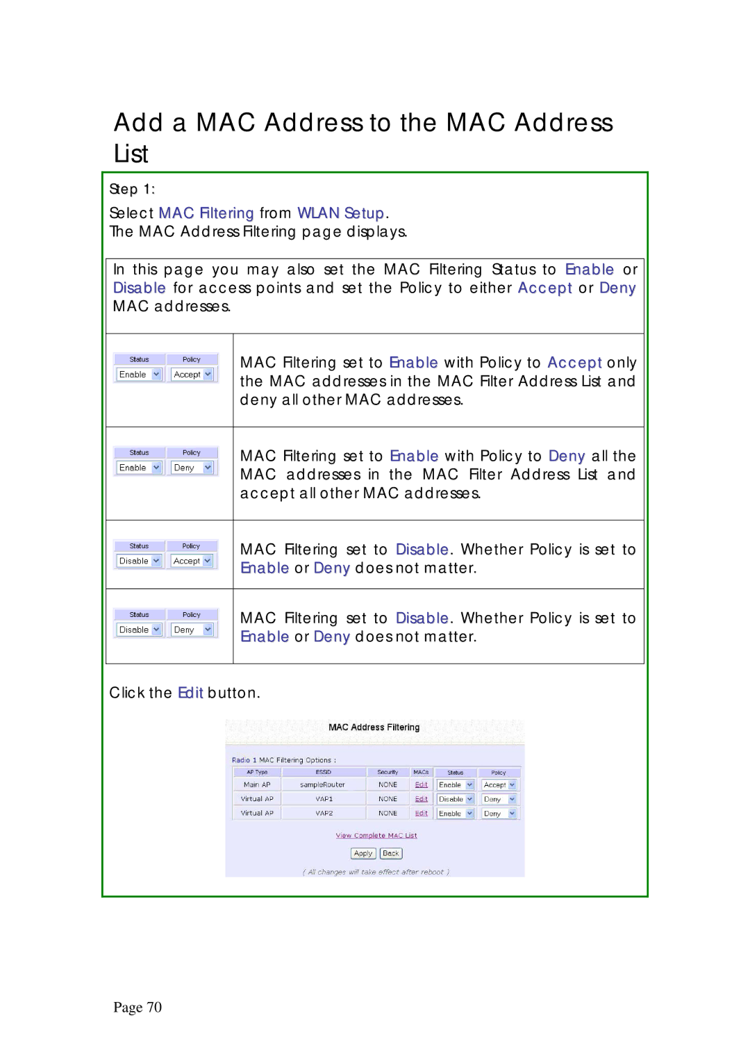 Compex Systems WPE53G manual Add a MAC Address to the MAC Address List, Select MAC Filtering from Wlan Setup 