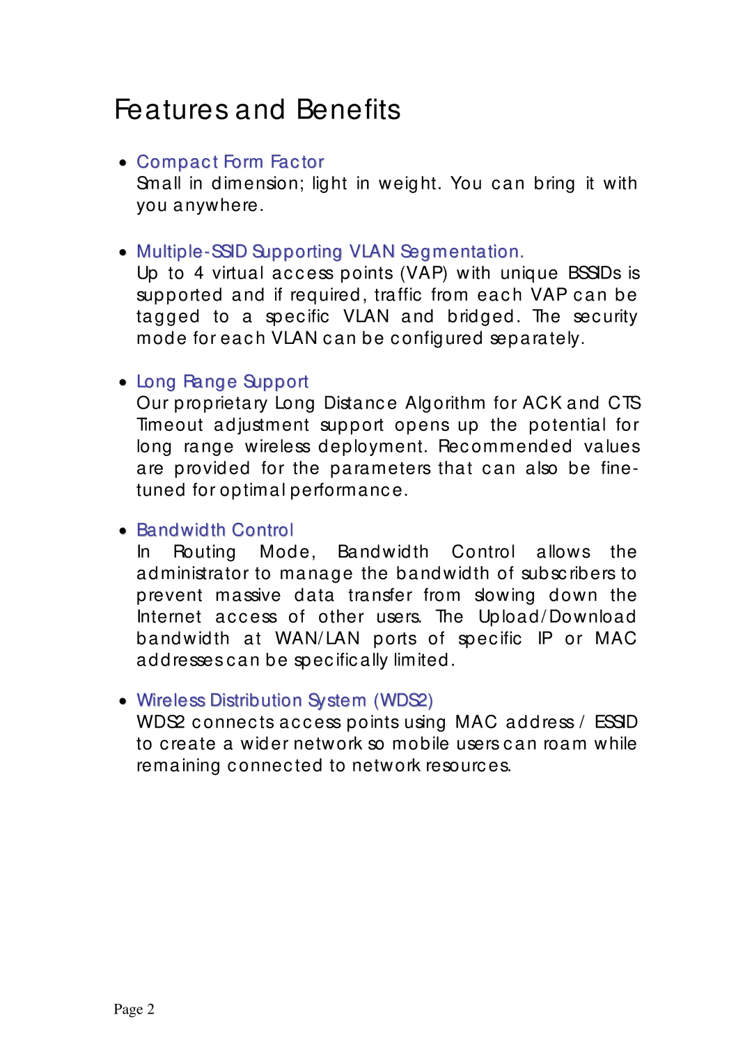 Compex Systems WPE53G manual Features and Benefits, Multiple-SSID Supporting Vlan Segmentation 