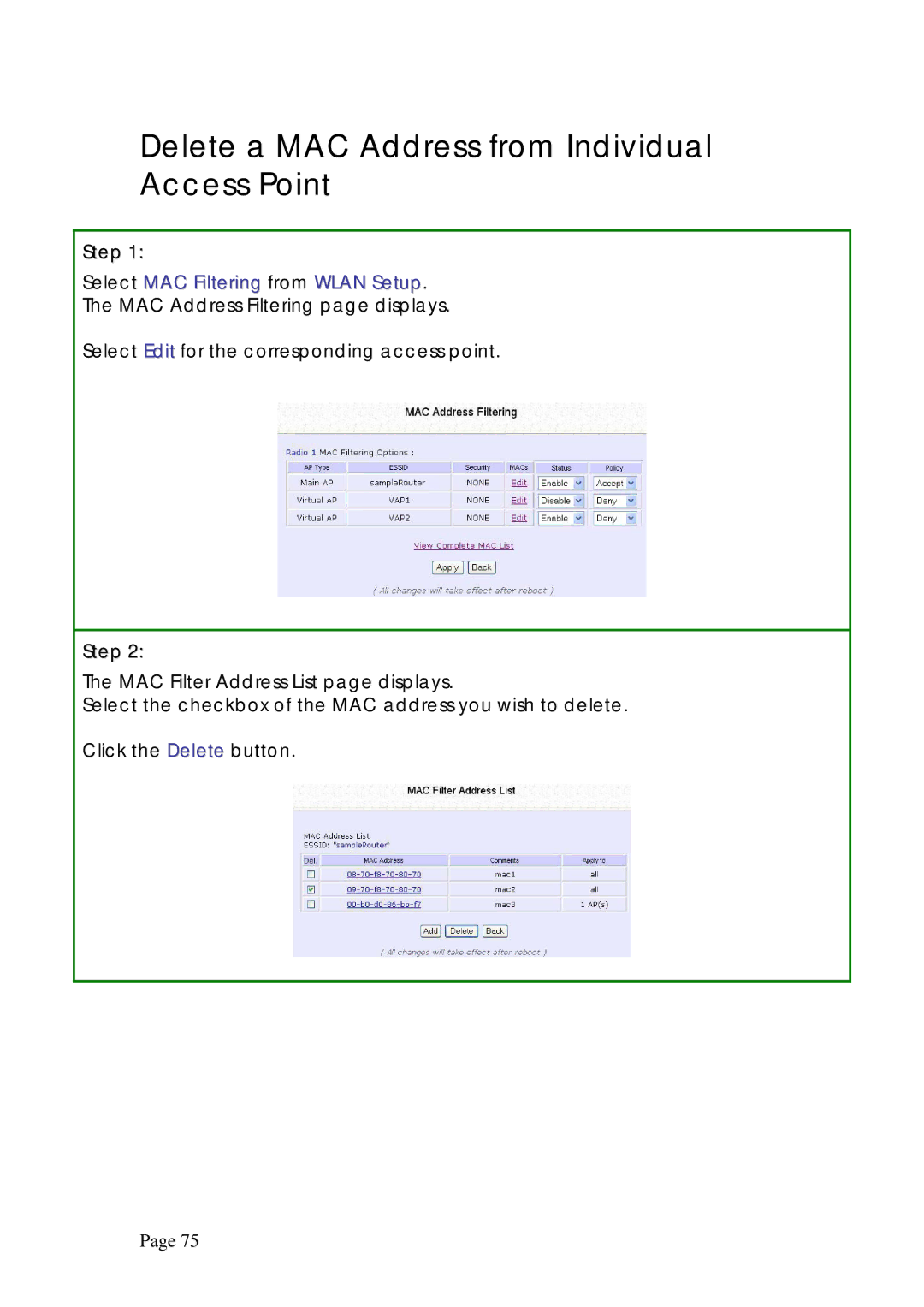 Compex Systems WPE53G manual Delete a MAC Address from Individual Access Point 