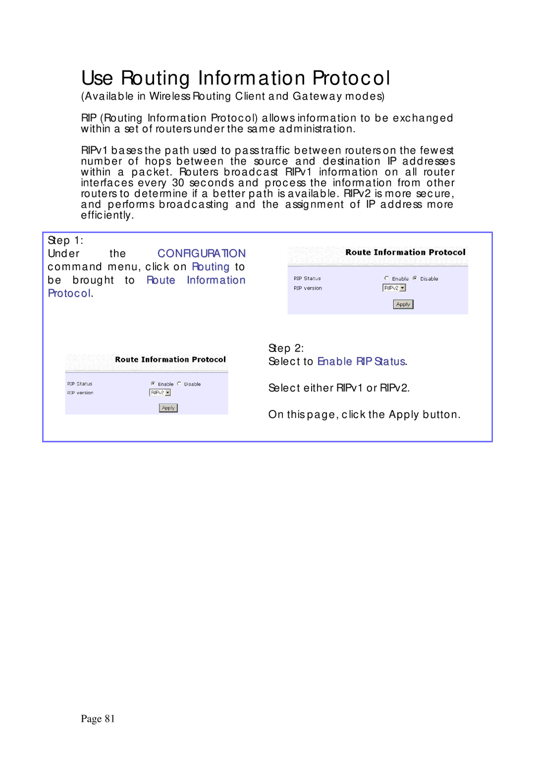 Compex Systems WPE53G manual Use Routing Information Protocol, Select to Enable RIP Status 