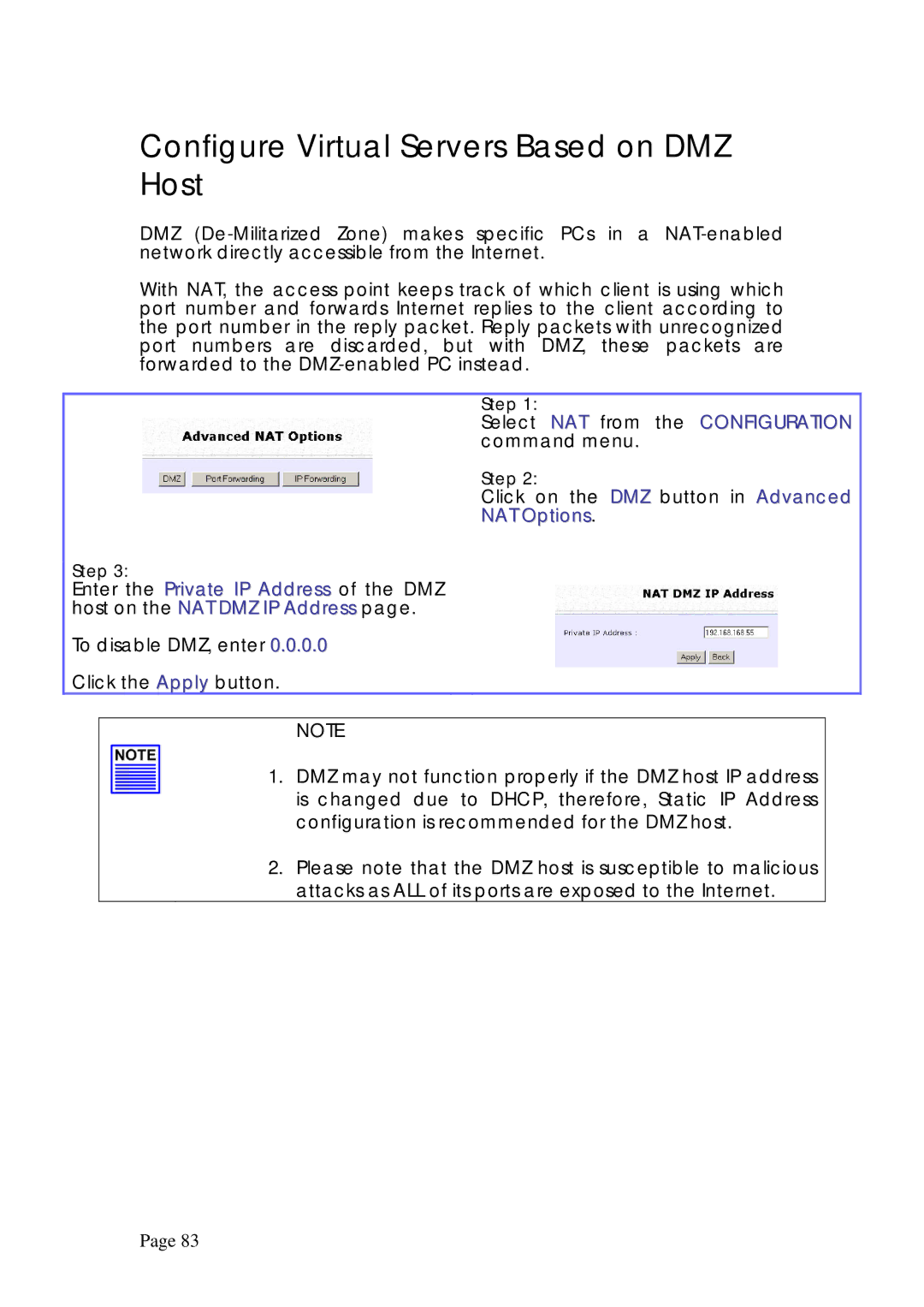 Compex Systems WPE53G manual Configure Virtual Servers Based on DMZ Host, Select NAT from the Configuration command menu 