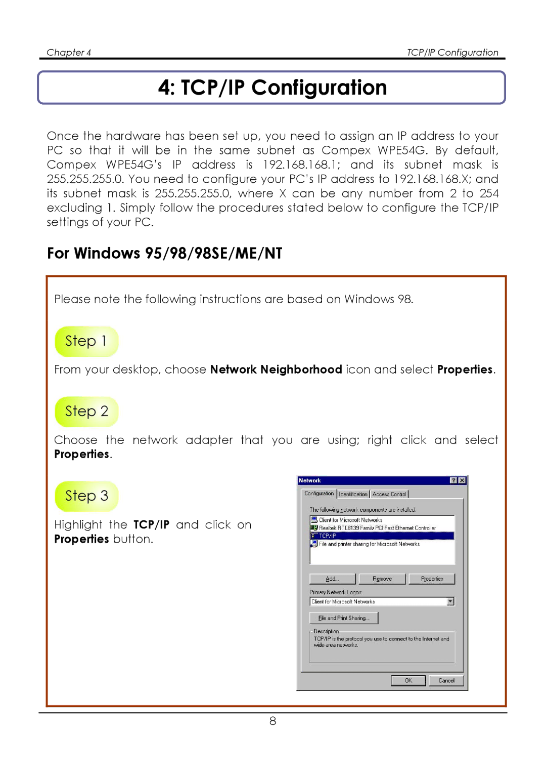 Compex Systems WPE54G manual TCP/IP Configuration, For Windows 95/98/98SE/ME/NT, Properties button 