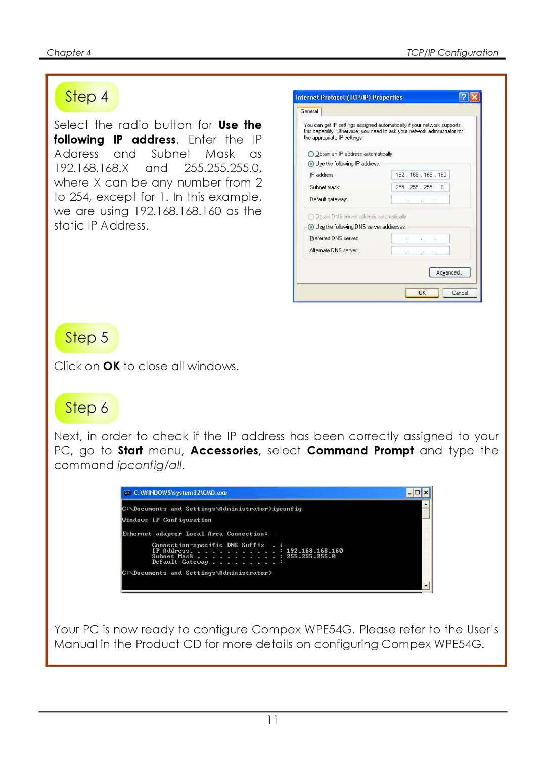 Compex Systems WPE54G manual Chapter TCP/IP Configuration 