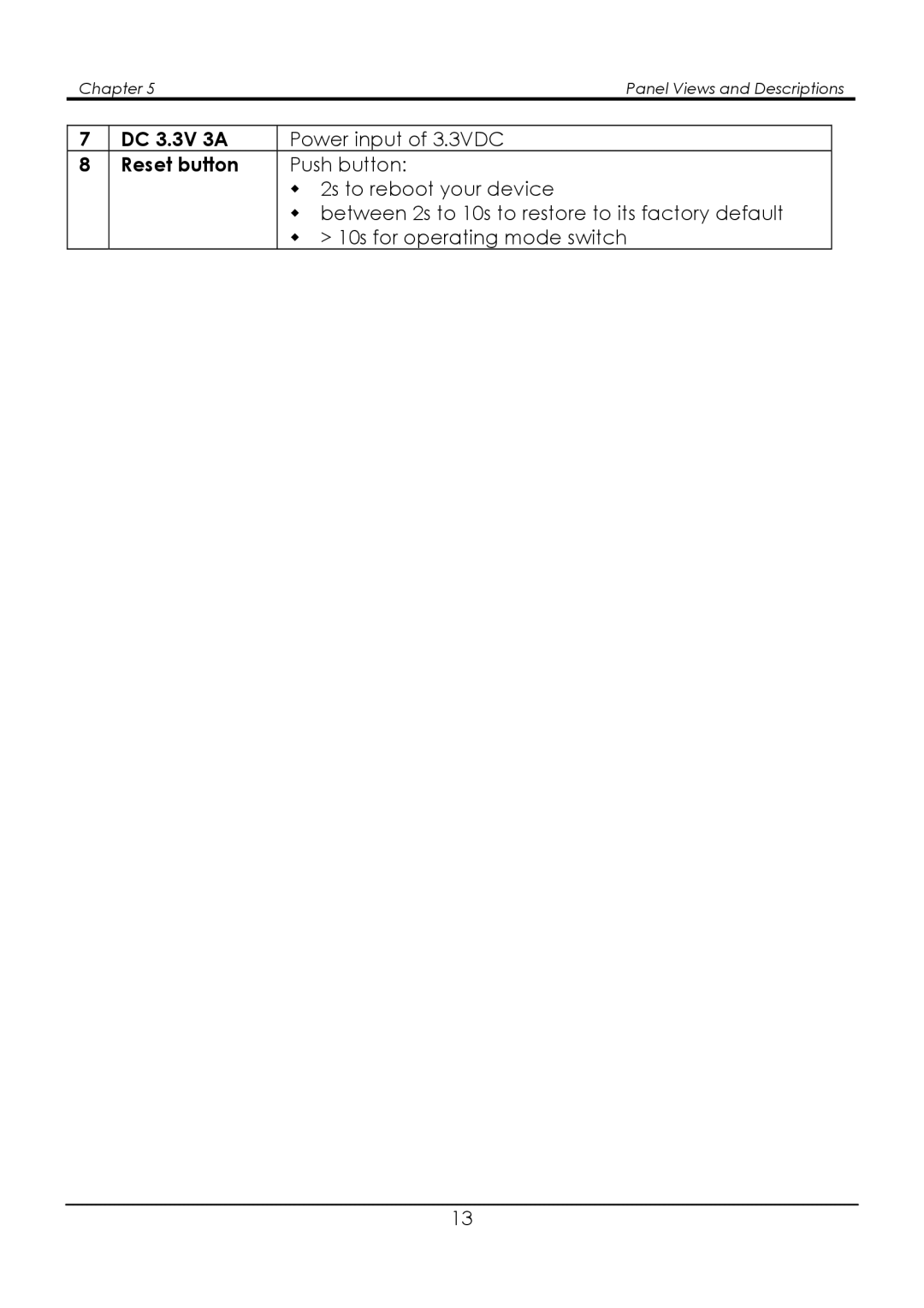 Compex Systems WPE54G manual DC 3.3V 3A, Reset button 